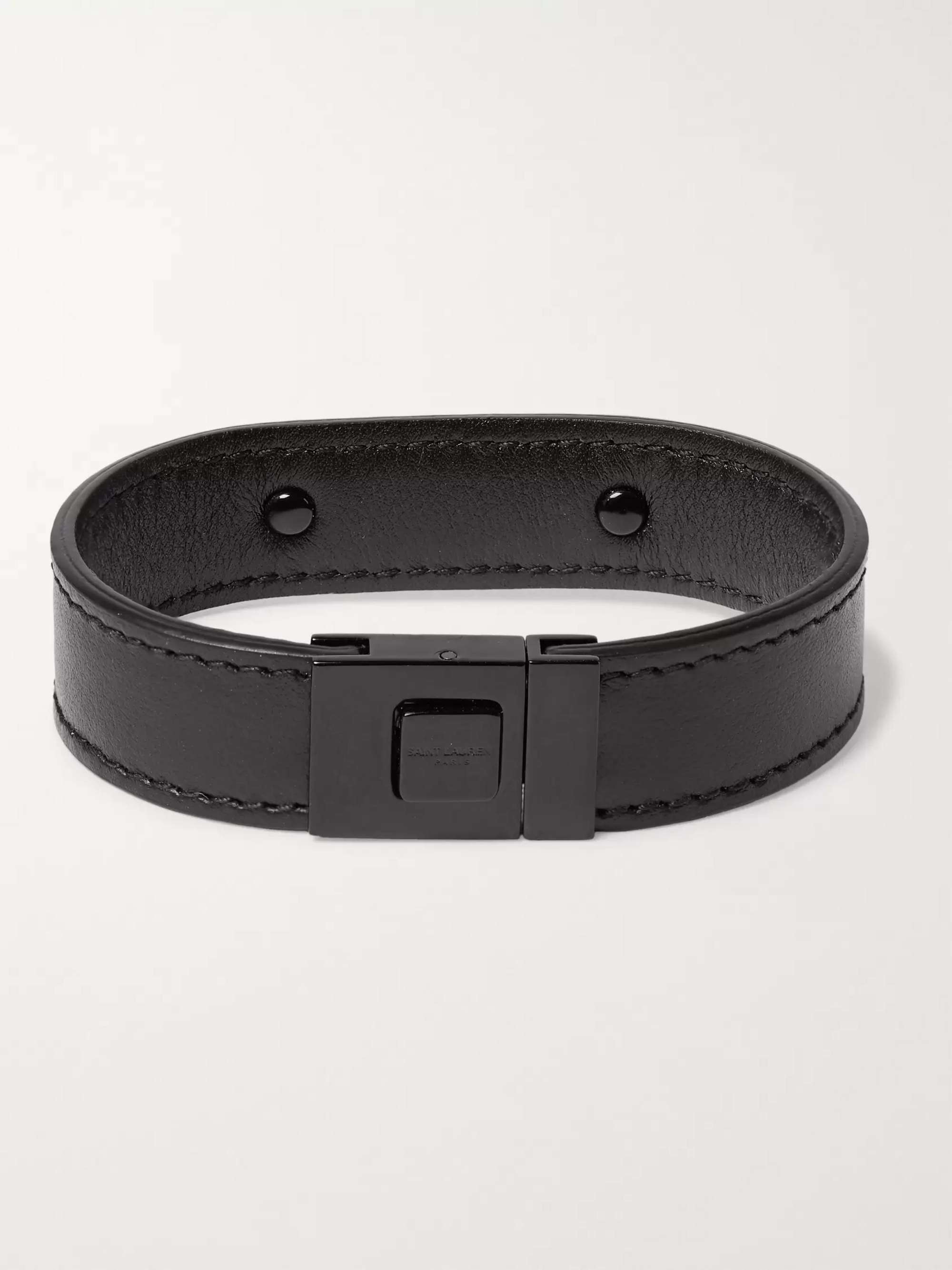SAINT LAURENT Black Metal Leather Bracelet