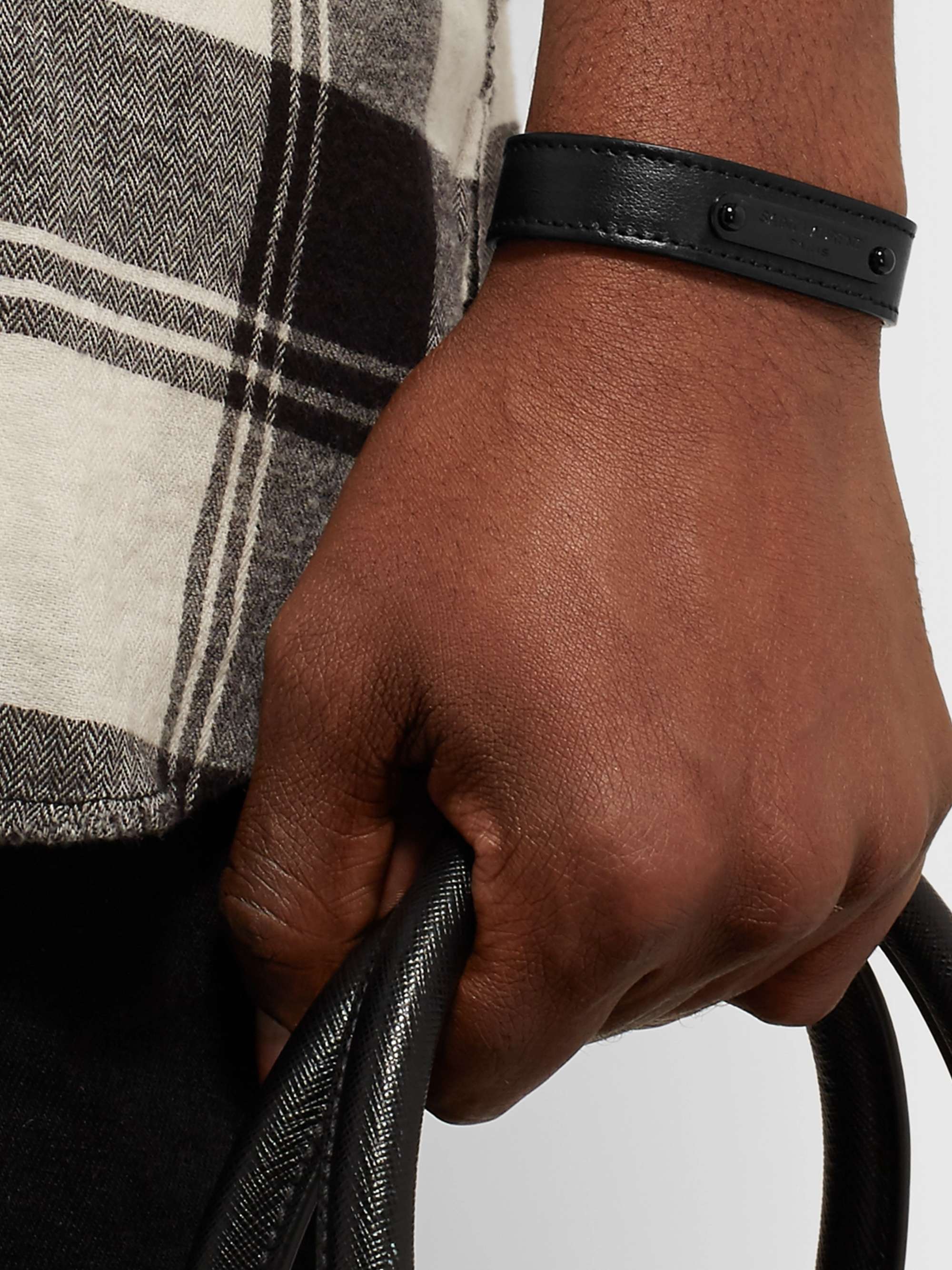 SAINT LAURENT Black Metal Leather Bracelet