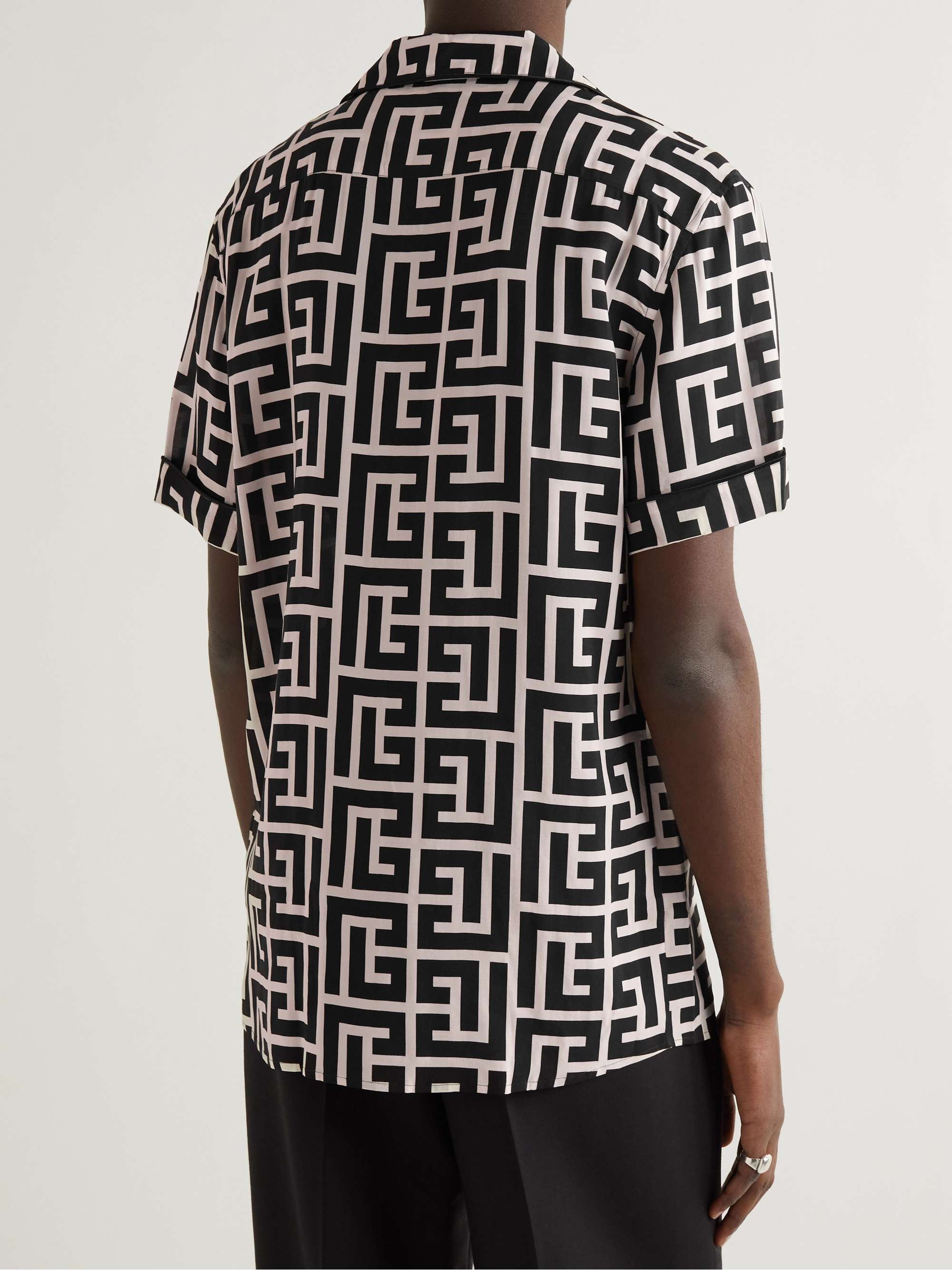 BALMAIN Camp-Collar Logo-Print Silk Shirt