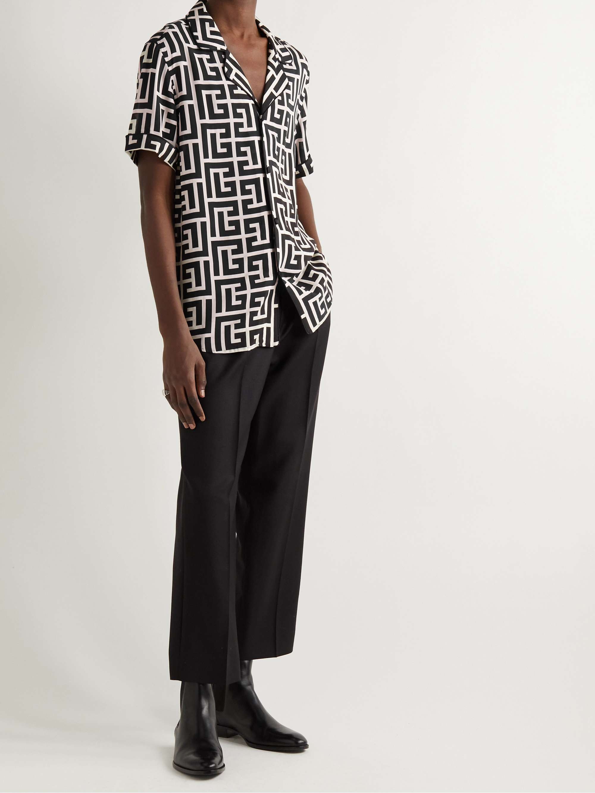 BALMAIN Camp-Collar Logo-Print Silk Shirt