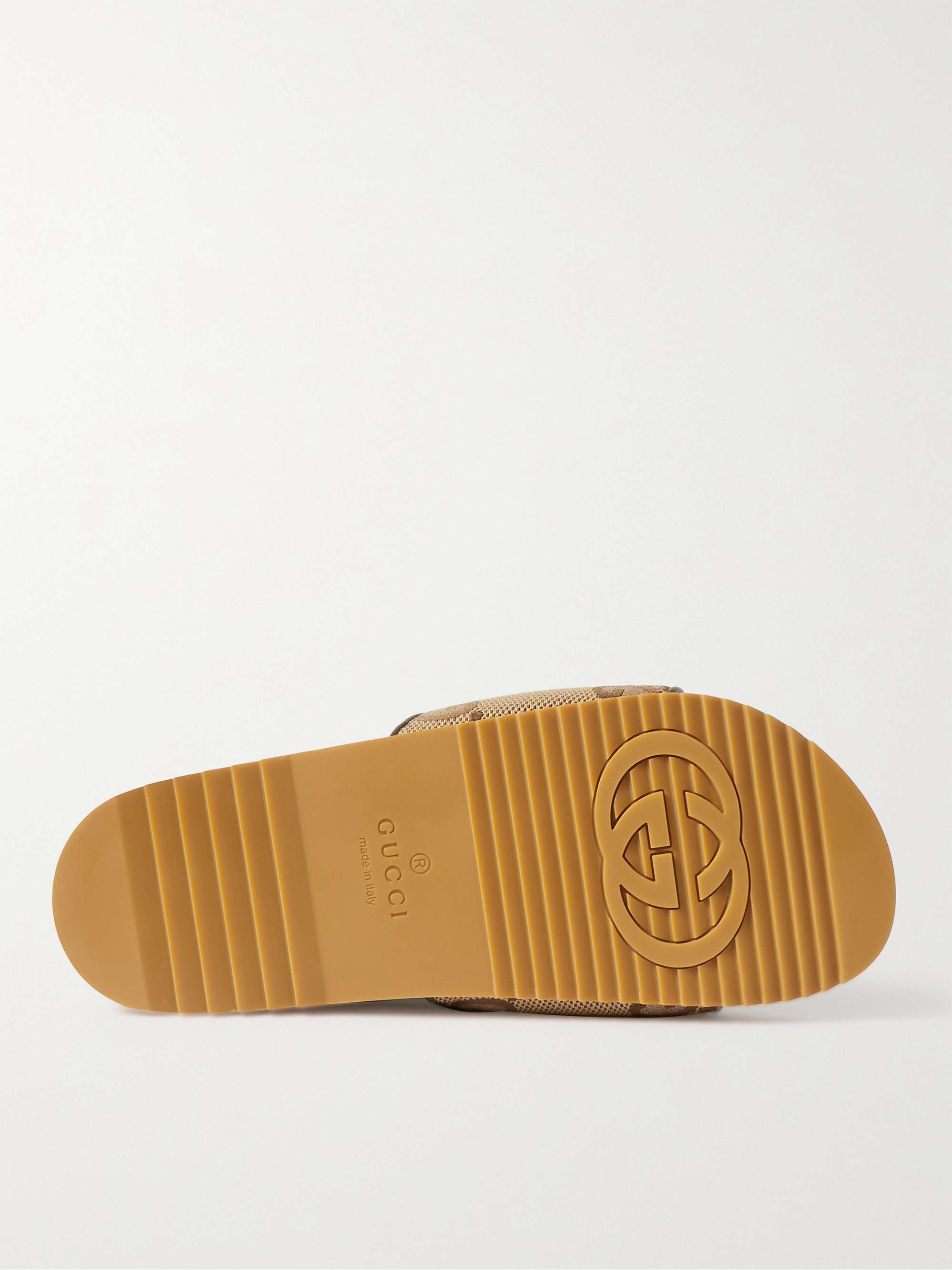 GUCCI Leather-Trimmed Monogrammed Canvas Slides