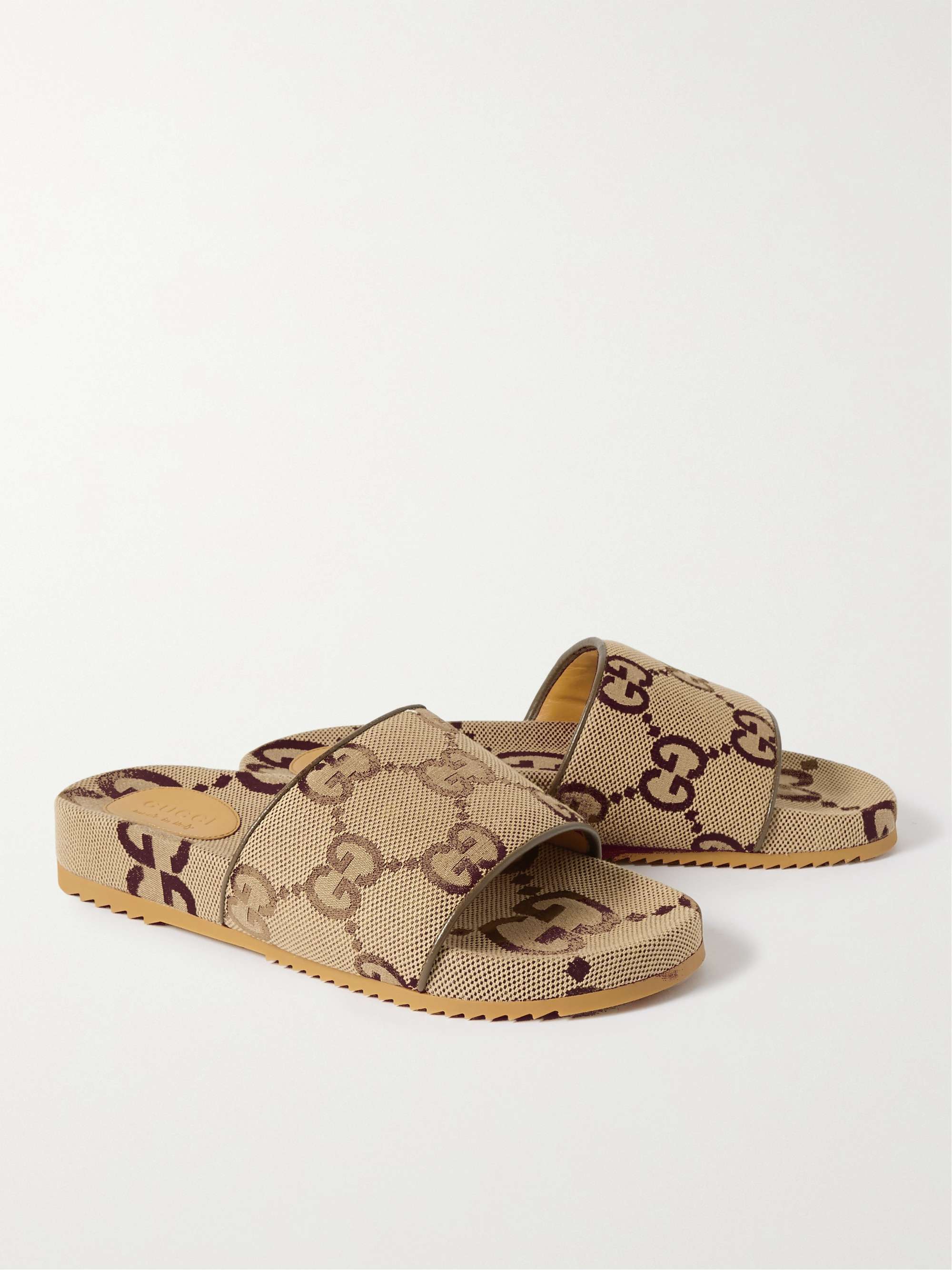 GUCCI Leather-Trimmed Monogrammed Canvas Slides