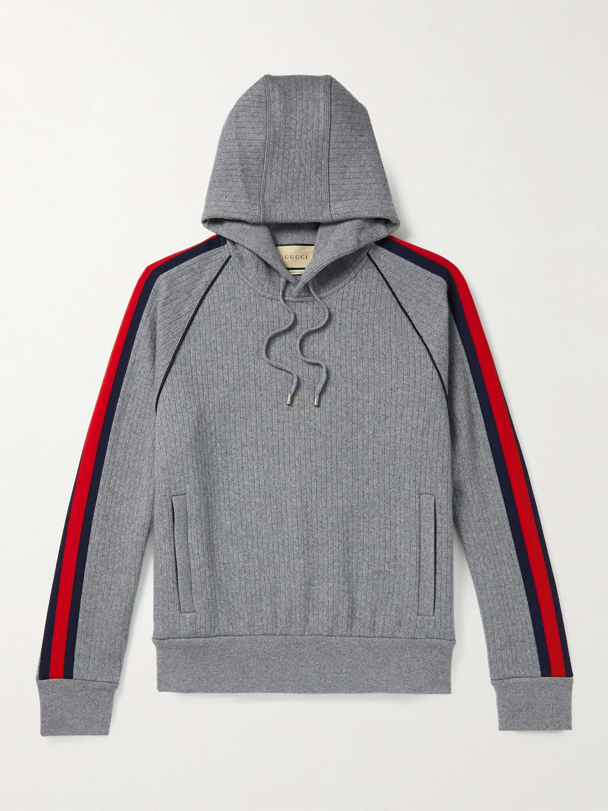 GUCCI Webbing-Trimmed Ribbed Wool and Cashmere-Blend Hoodie