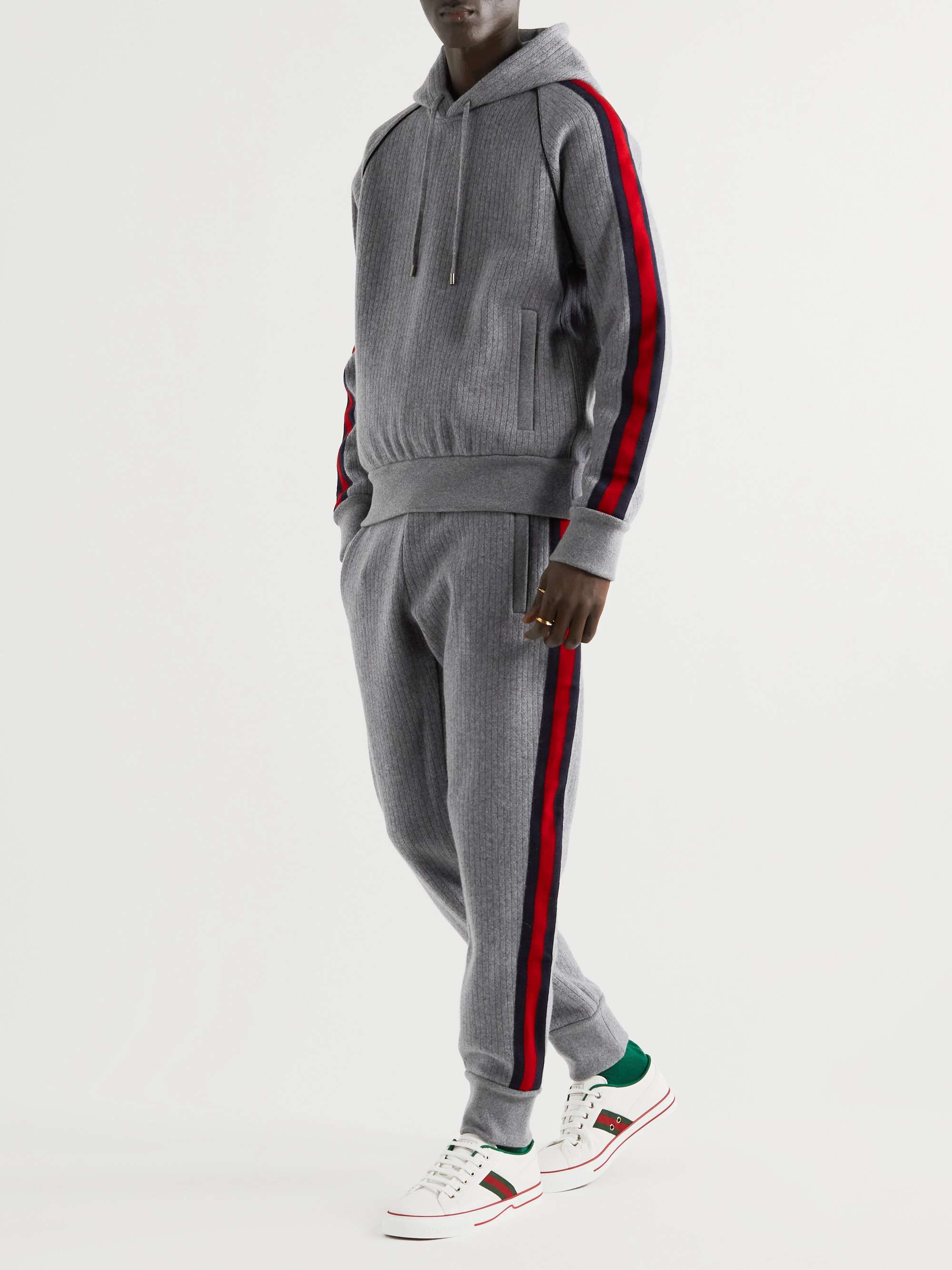 GUCCI Webbing-Trimmed Ribbed Wool and Cashmere-Blend Hoodie