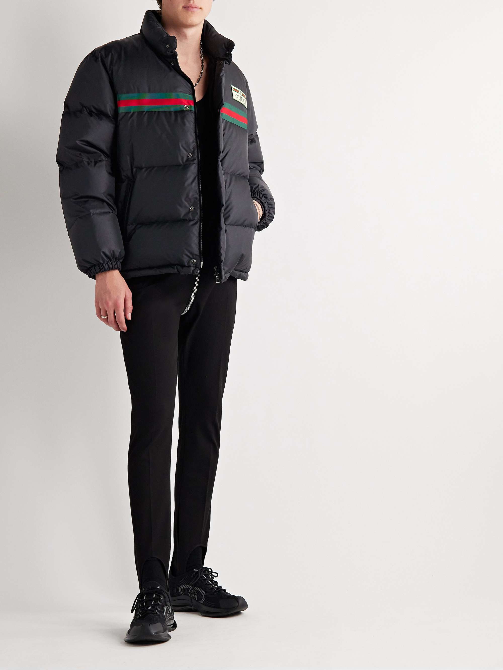 Logo-Appliquéd Striped Quilted Shell Down Jacket