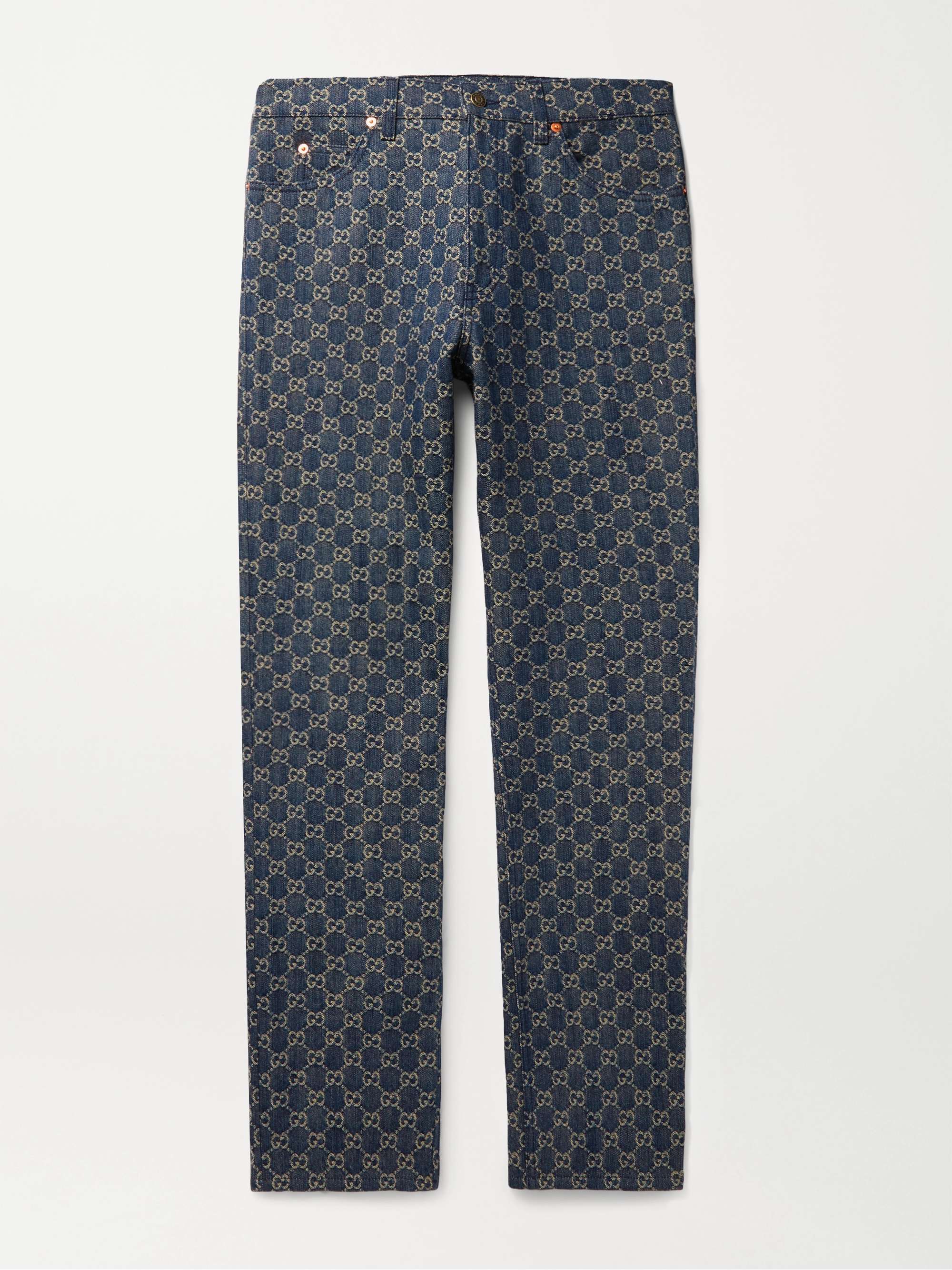 GUCCI - Leather-Trimmed Logo-Jacquard Denim Jeans - Blue Gucci