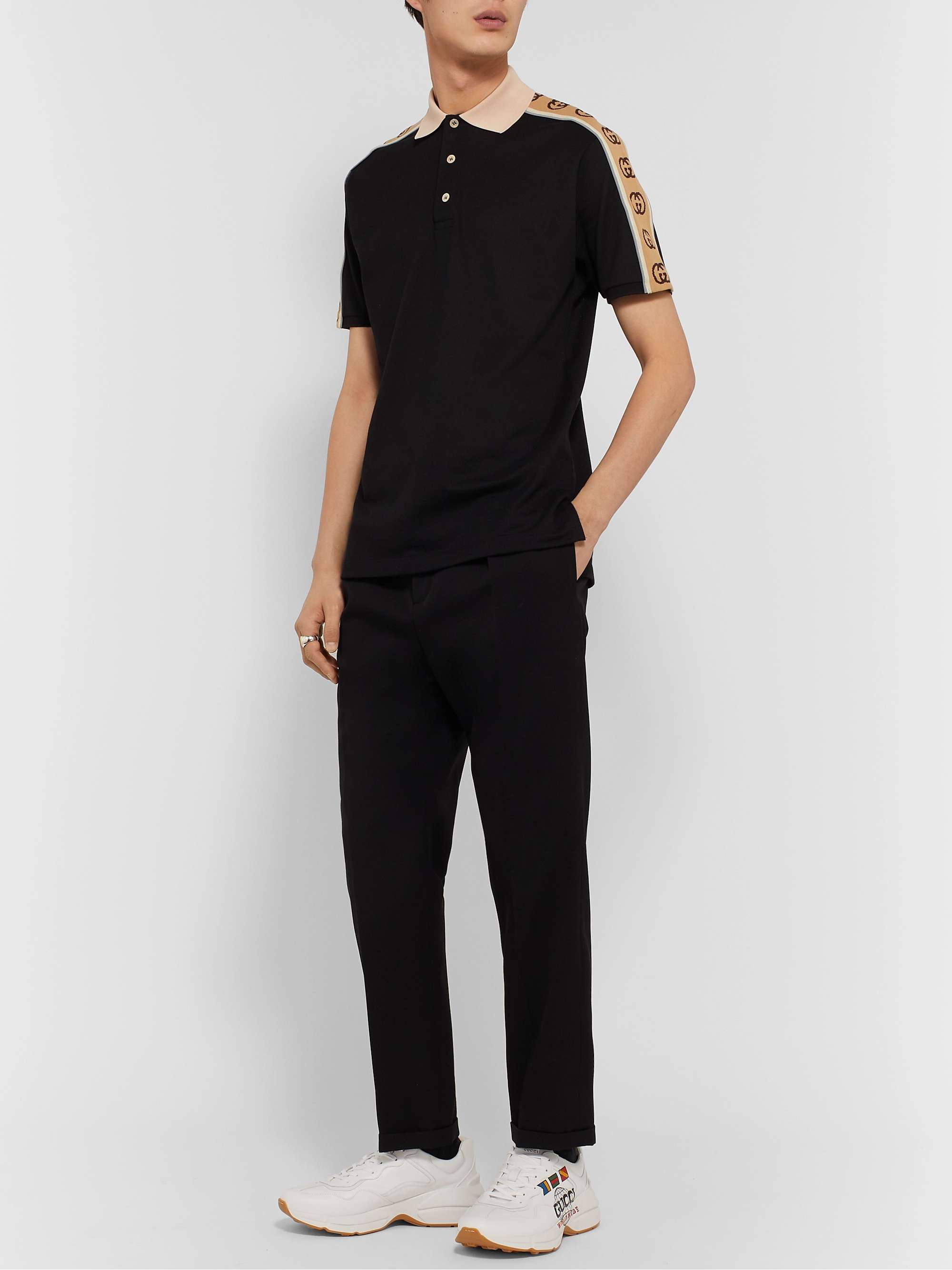 GUCCI Logo-Jacquard Webbing-Trimmed Stretch-Cotton Piqué Polo