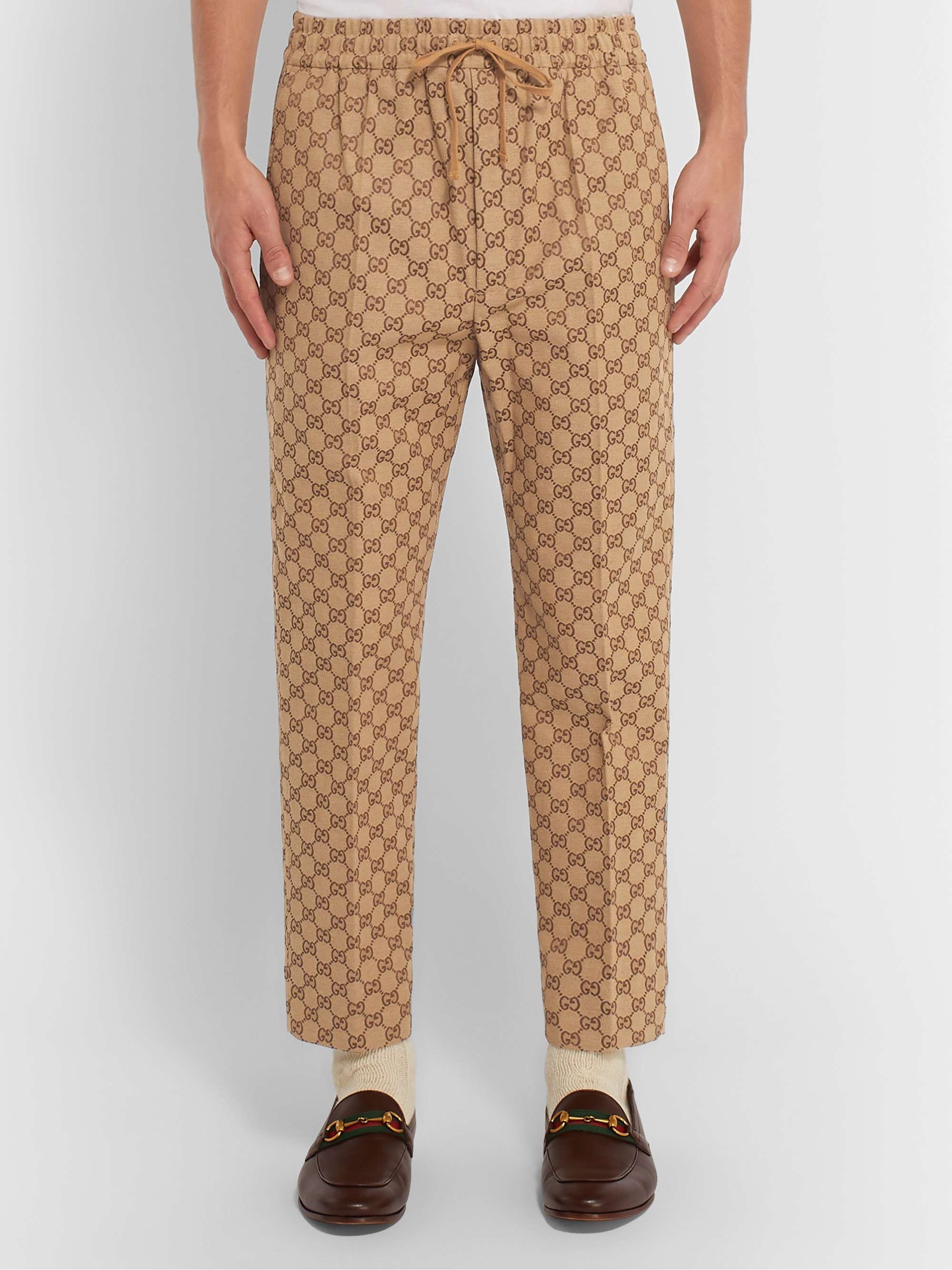 GUCCI Beige Tapered Cropped Logo-Jacquard Cotton-Blend Suit Trousers