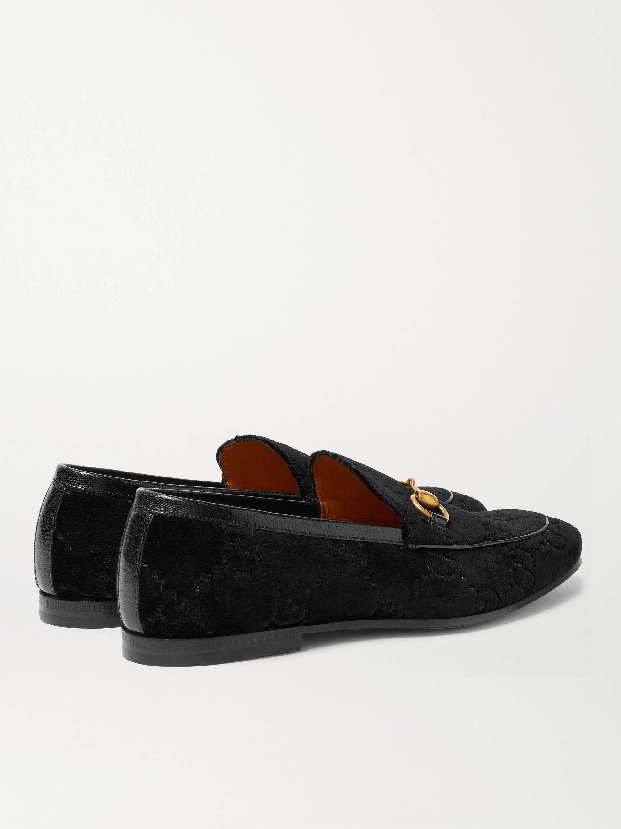 GUCCI Jordaan Horsebit Leather-Trimmed Logo-Embroidered Velvet Loafers