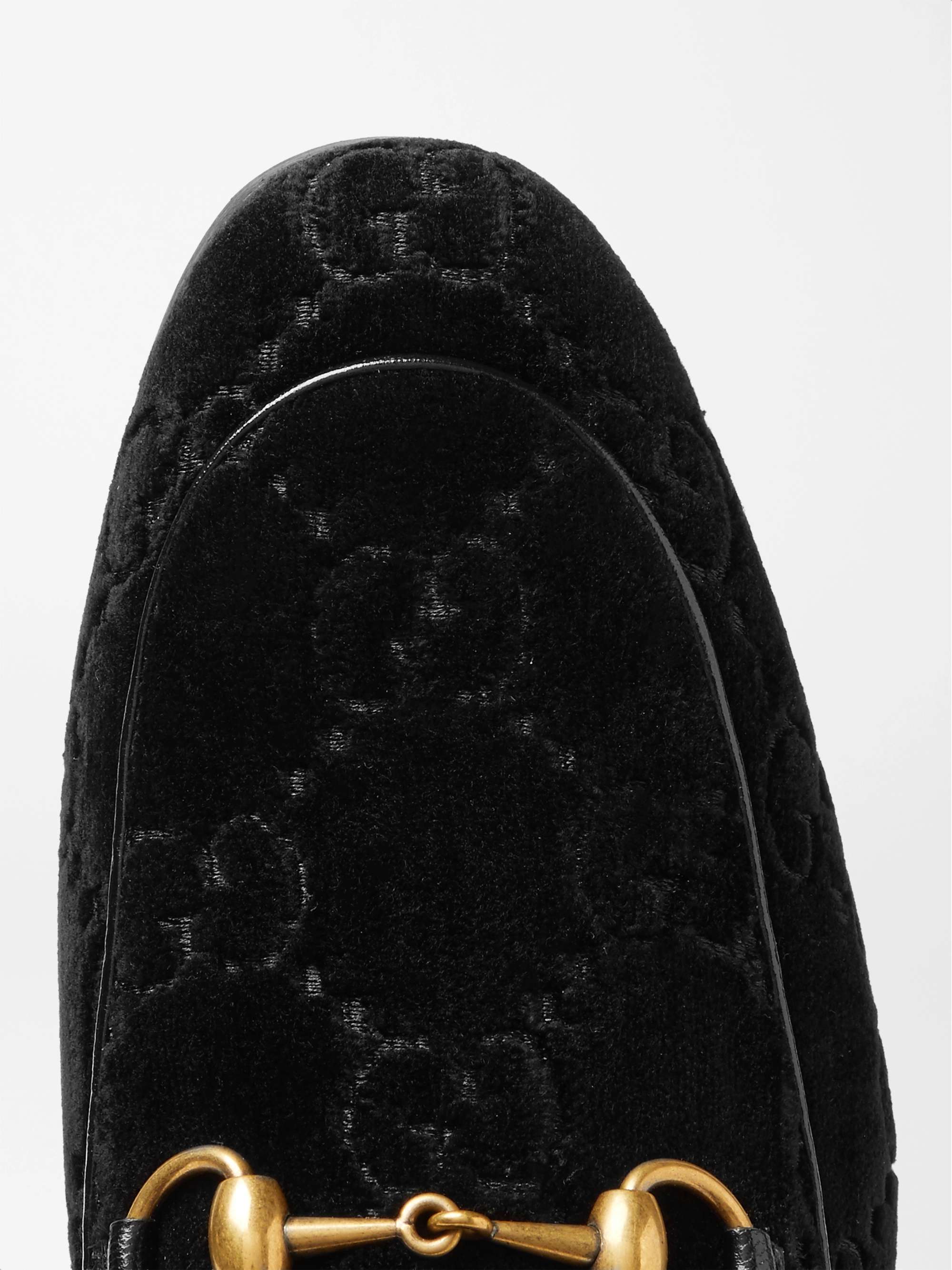 GUCCI Jordaan Horsebit Leather-Trimmed Logo-Embroidered Velvet Loafers