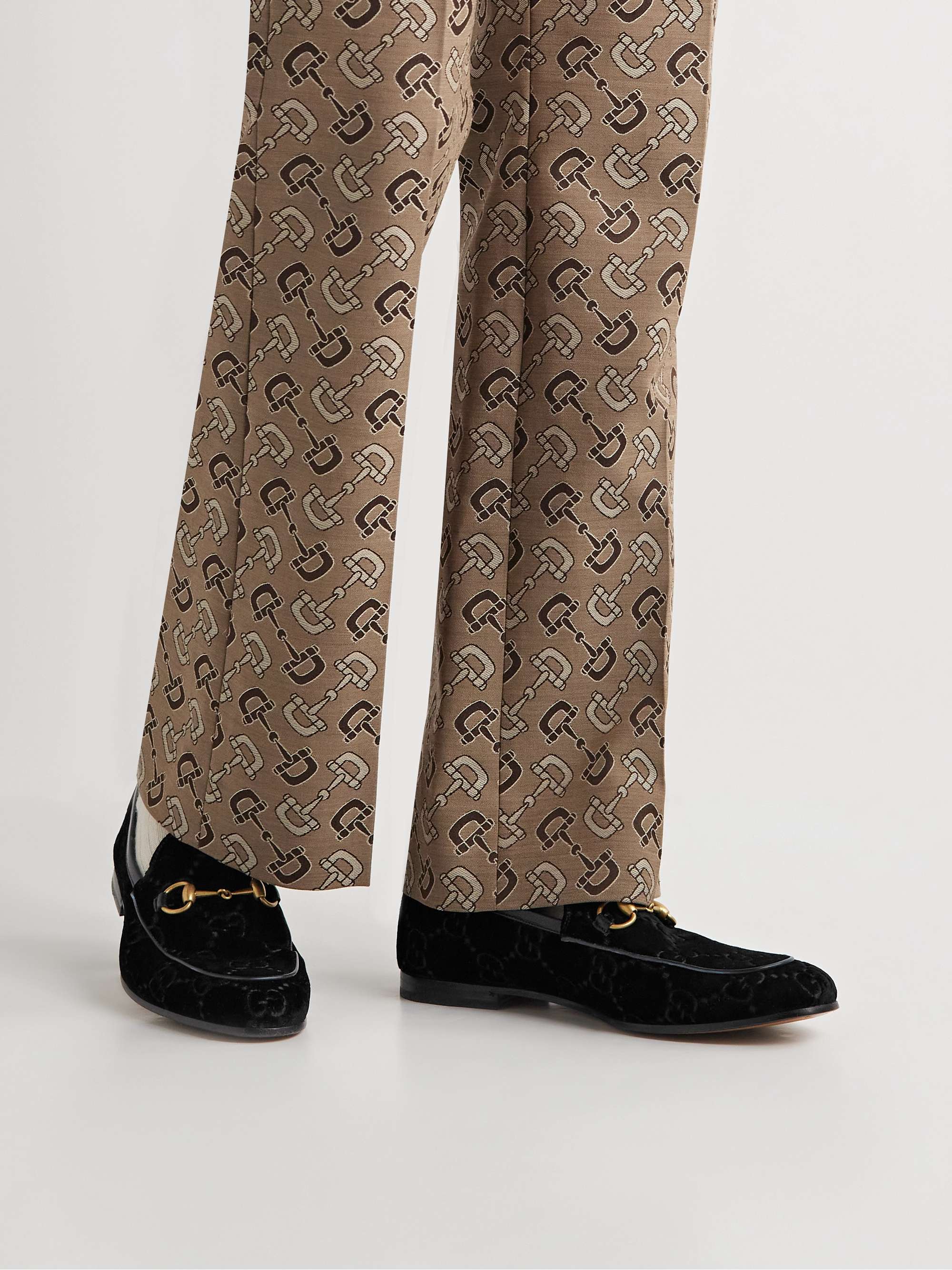 GUCCI Jordaan Horsebit Leather-Trimmed Logo-Embroidered Velvet Loafers