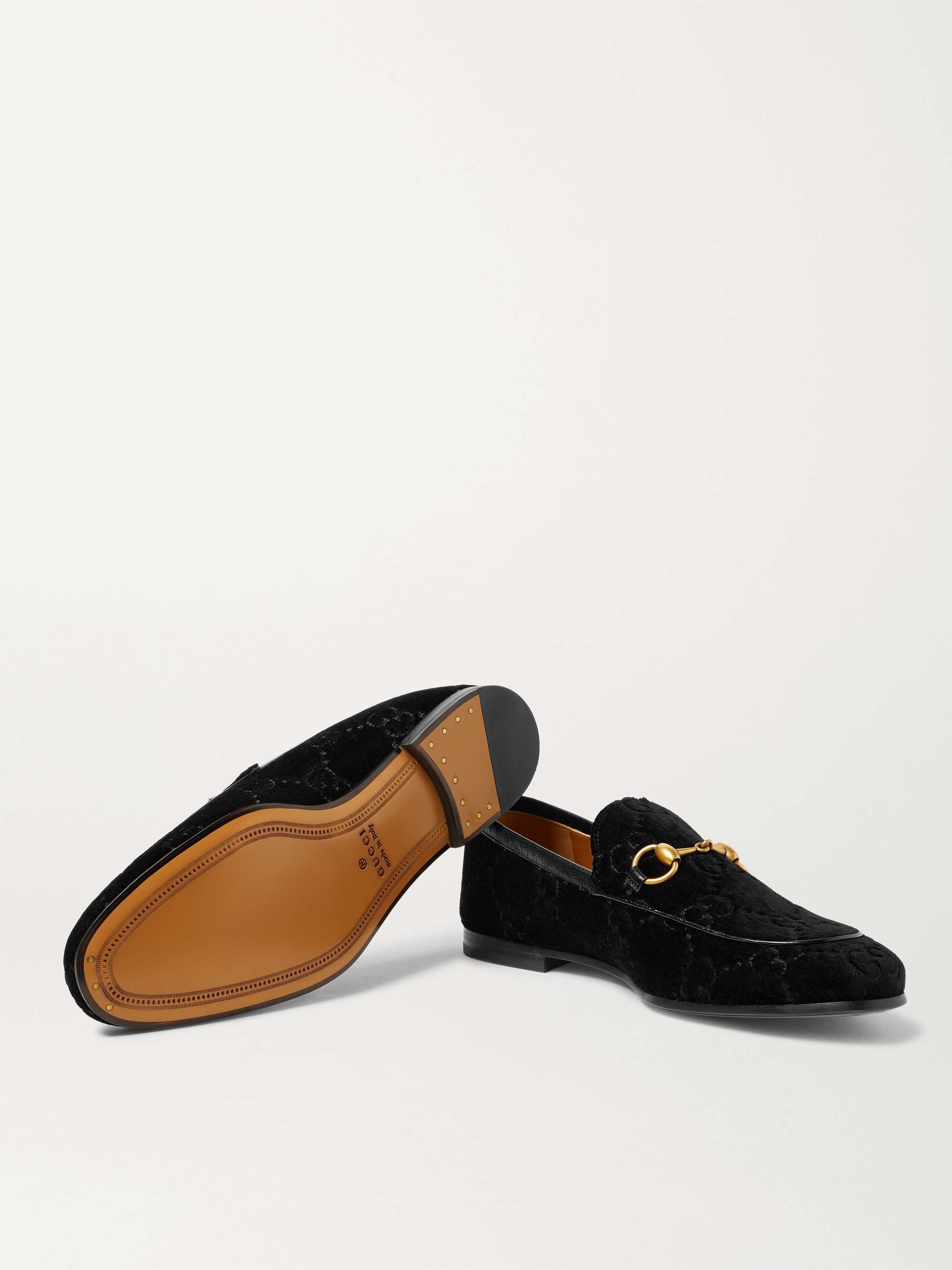 GUCCI Jordaan Horsebit Leather-Trimmed Logo-Embroidered Velvet Loafers