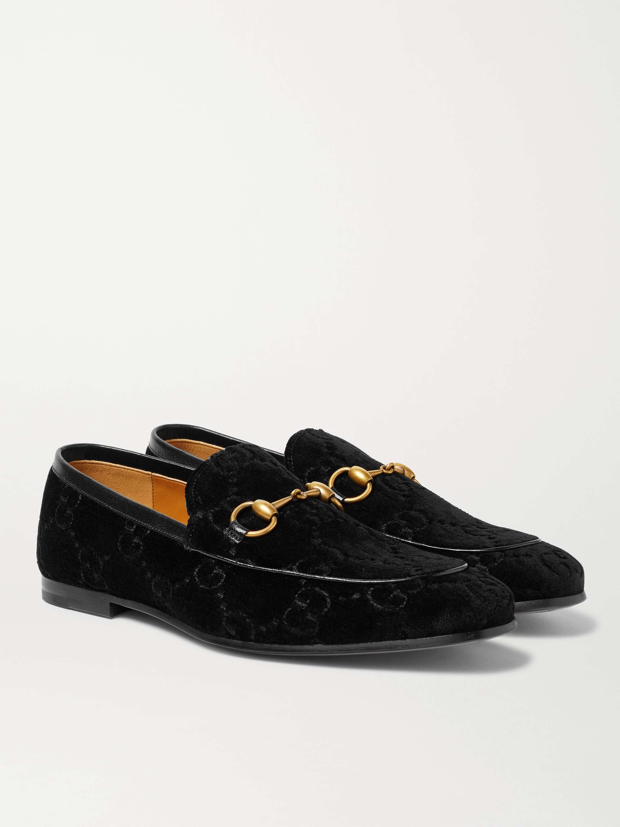 GUCCI Jordaan Horsebit Leather-Trimmed Logo-Embroidered Velvet Loafers