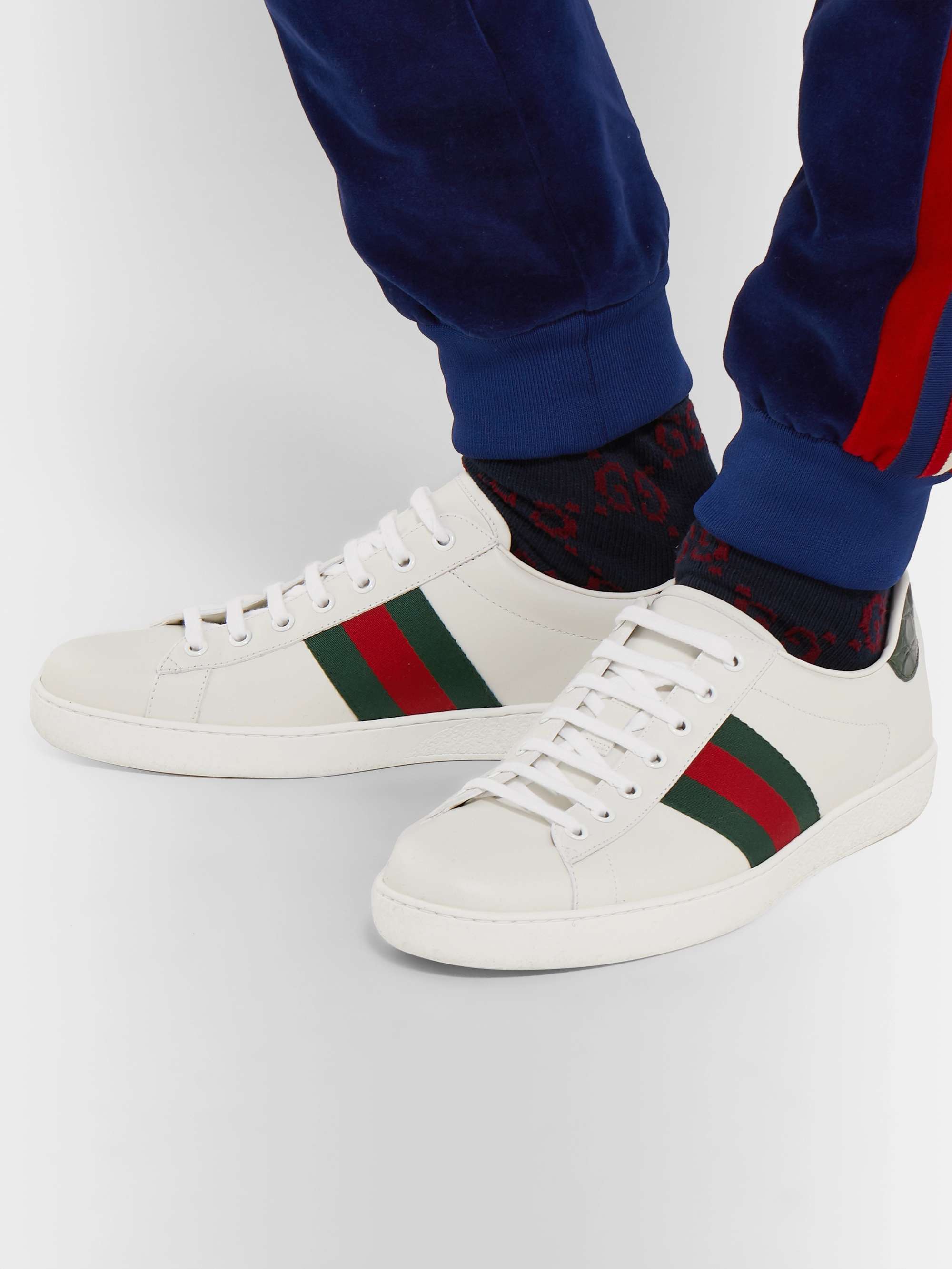 White Ace Faux Watersnake-Trimmed Leather Sneakers | GUCCI | MR PORTER