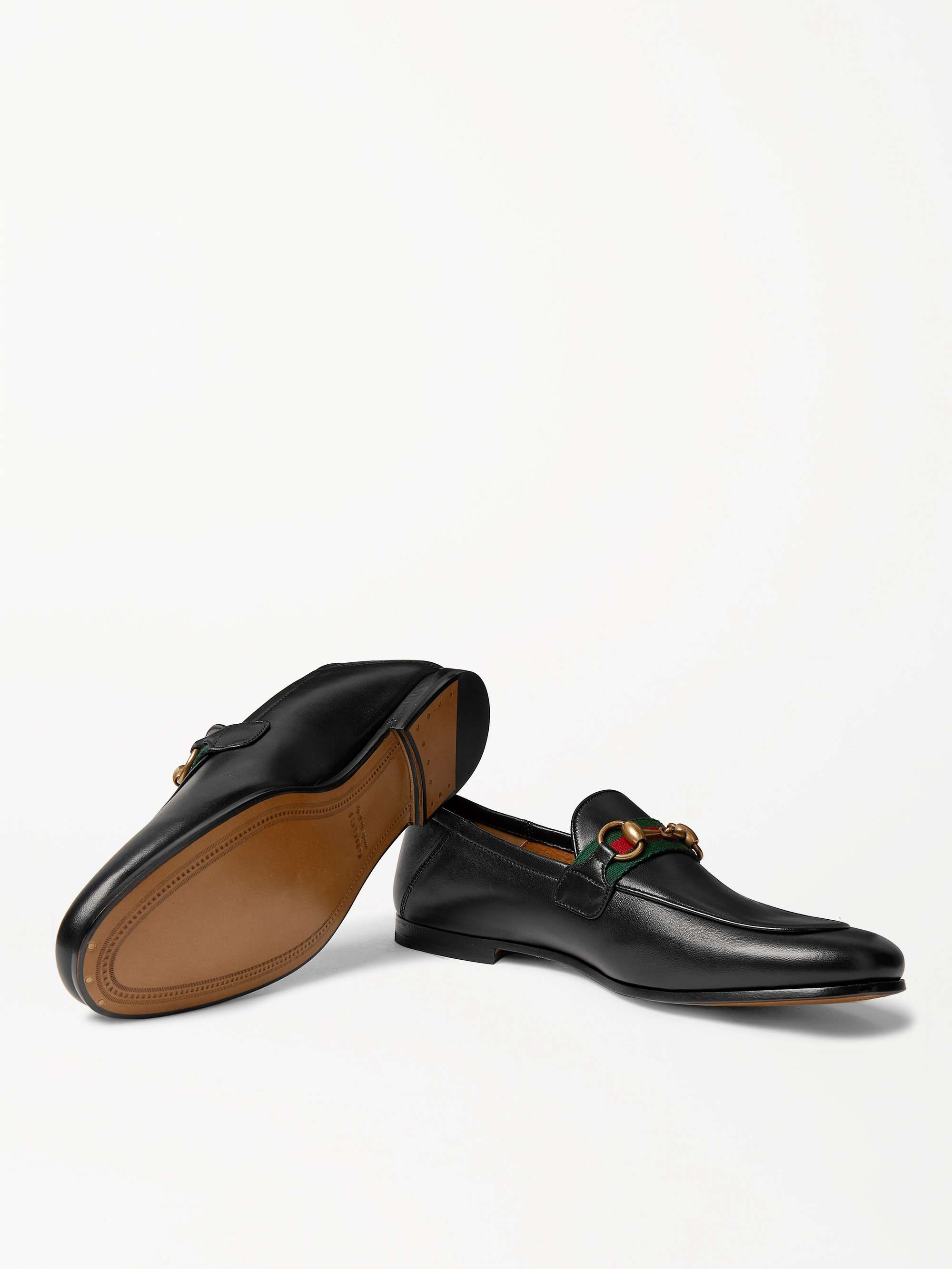 GUCCI Brixton Webbing-Trimmed Horsebit Collapsible-Heel Leather Loafers