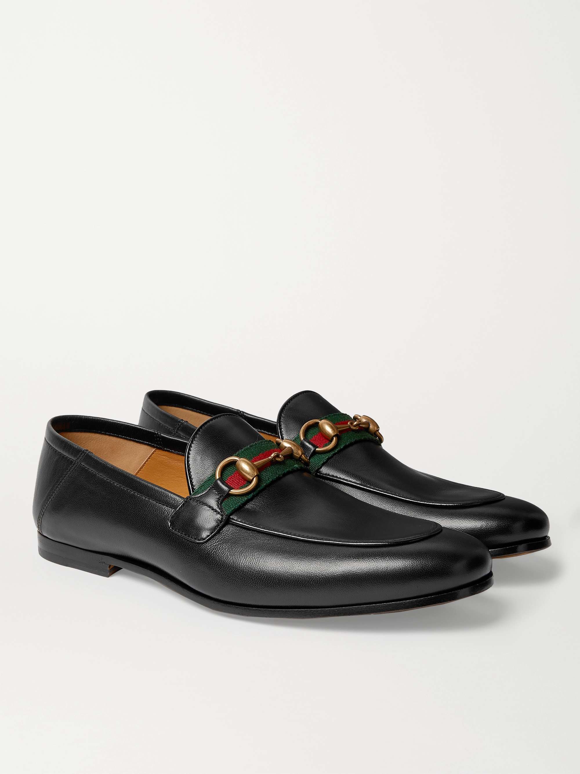 GUCCI Brixton Webbing-Trimmed Horsebit Collapsible-Heel Leather Loafers