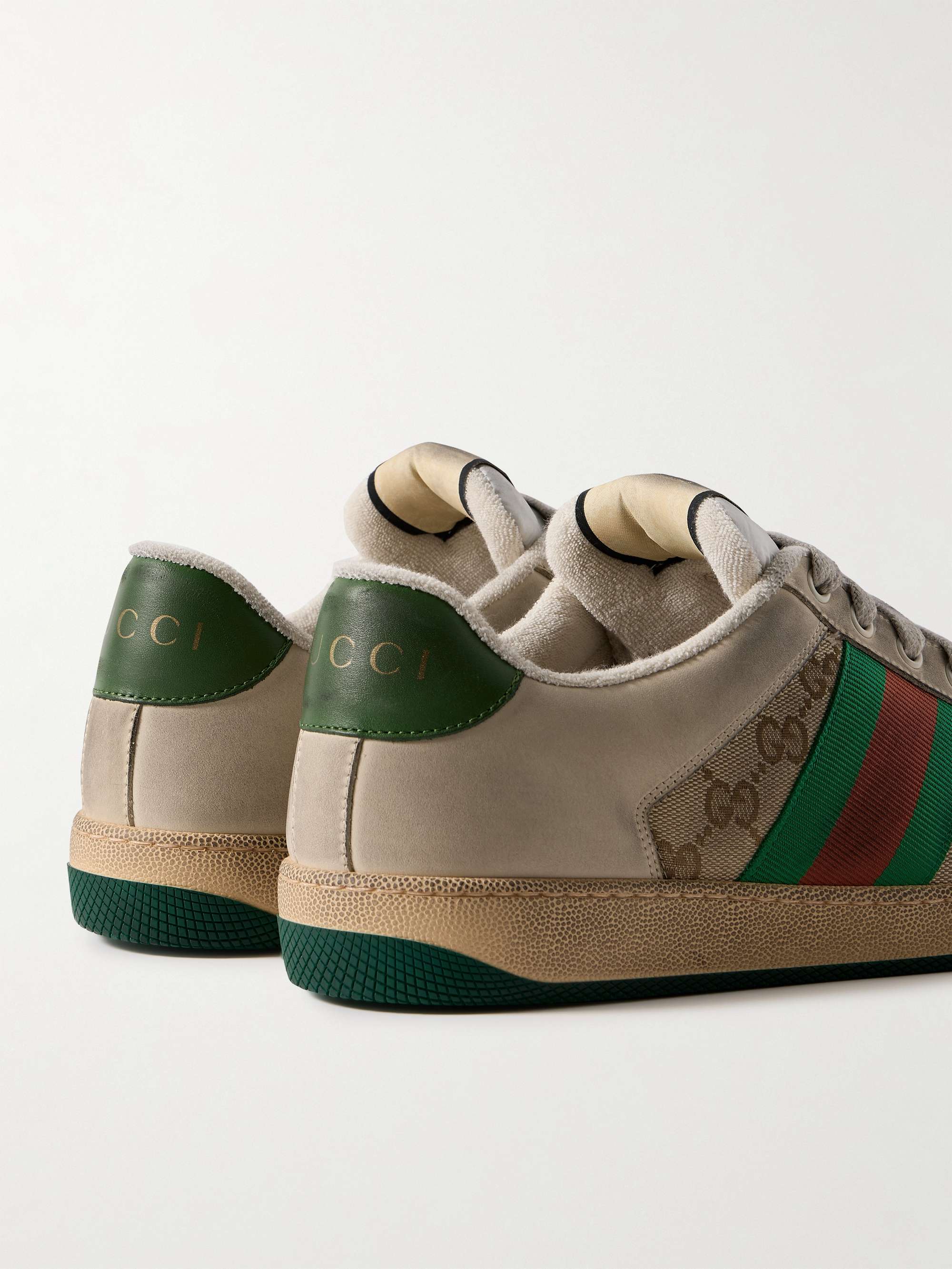 GUCCI Screener Monogrammed Canvas and Webbing-Trimmed Distressed Leather Sneakers