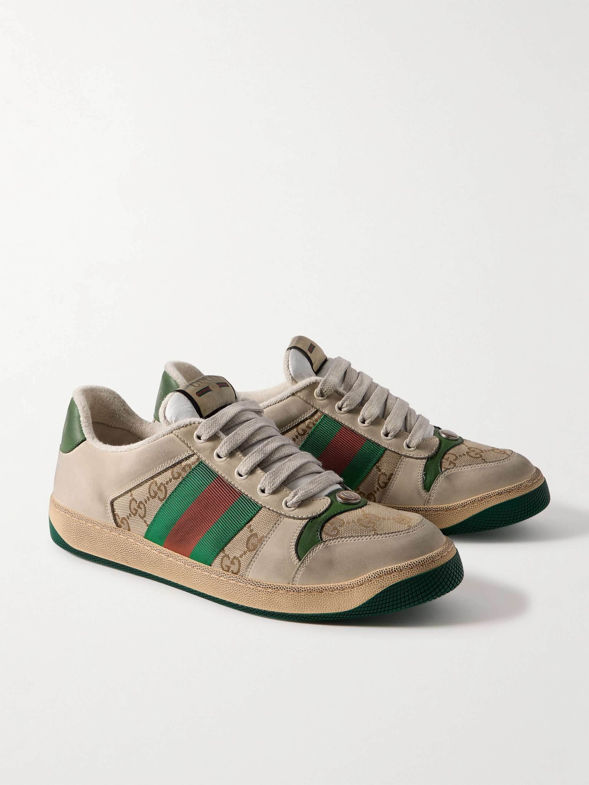 GUCCI Screener Monogrammed Canvas and Webbing-Trimmed Distressed Leather Sneakers