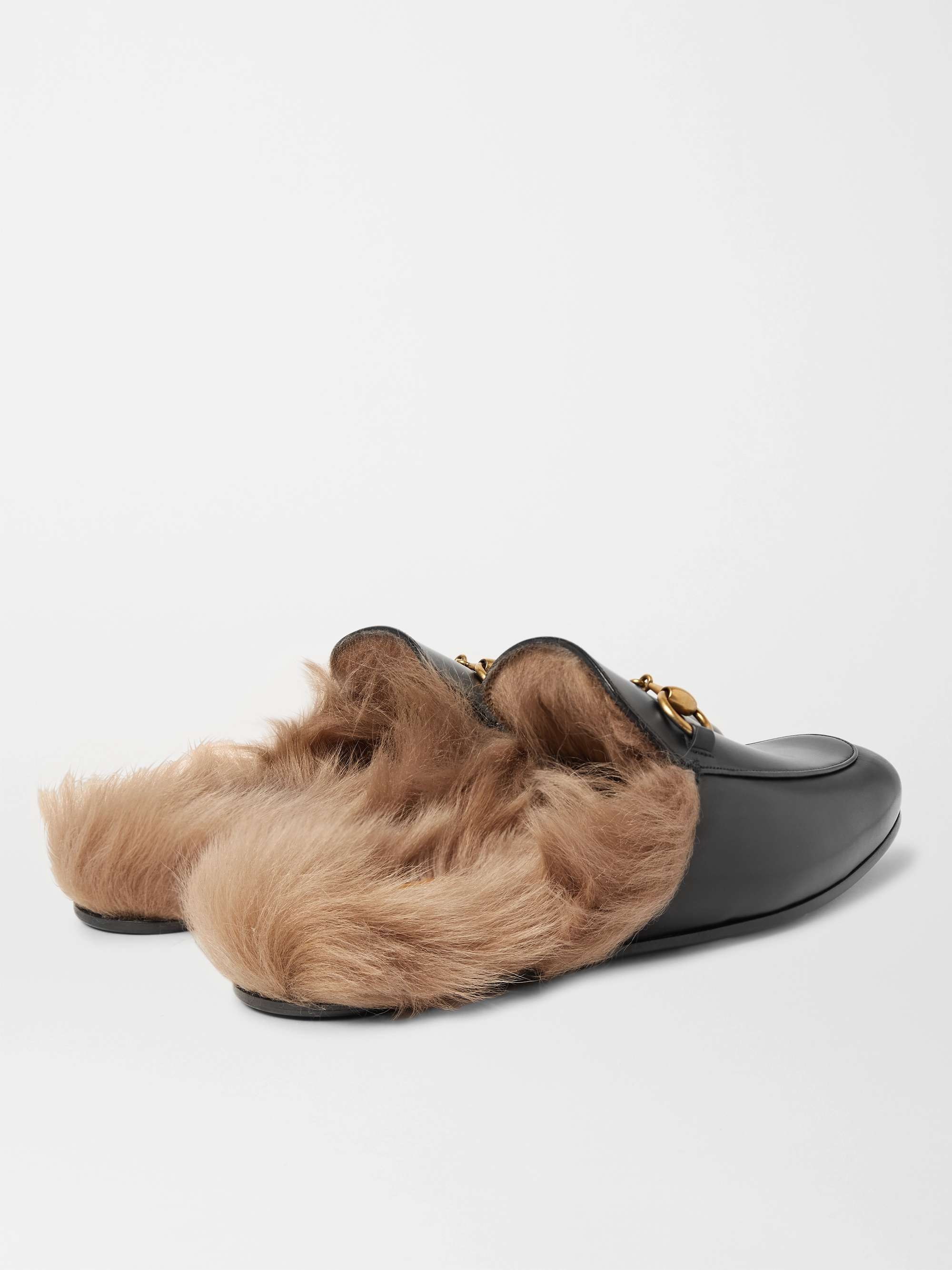GUCCI Princetown Horsebit Shearling-Lined Leather Backless Loafers