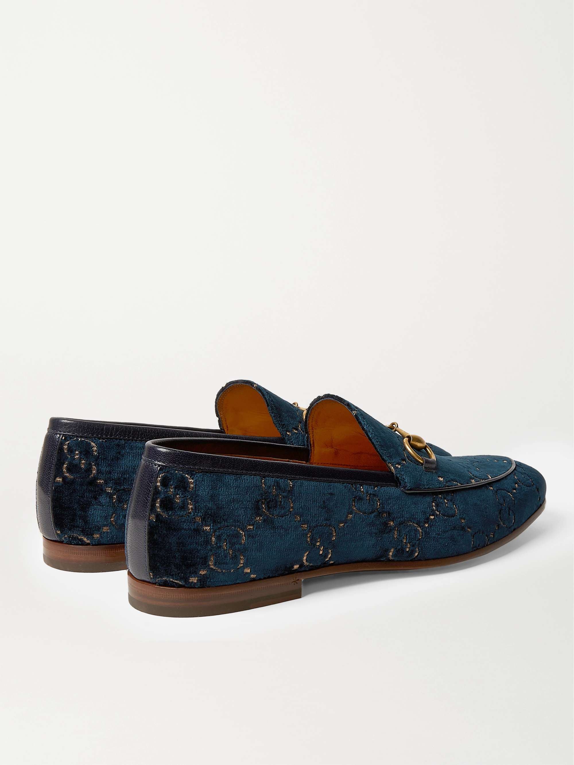 GUCCI Jordaan Horsebit Leather-Trimmed Logo-Embroidered Velvet Loafers