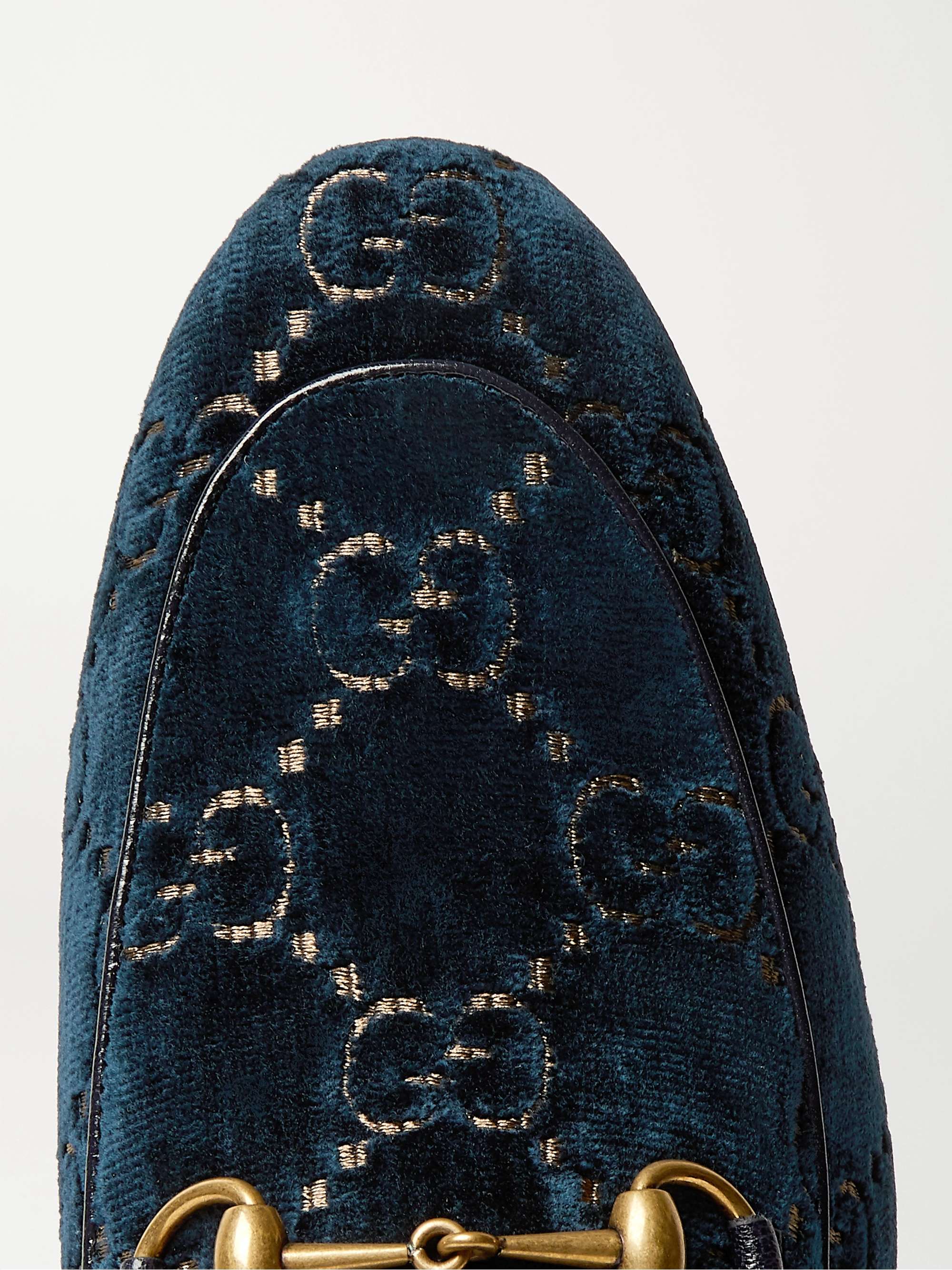 GUCCI Jordaan Horsebit Leather-Trimmed Logo-Embroidered Velvet Loafers