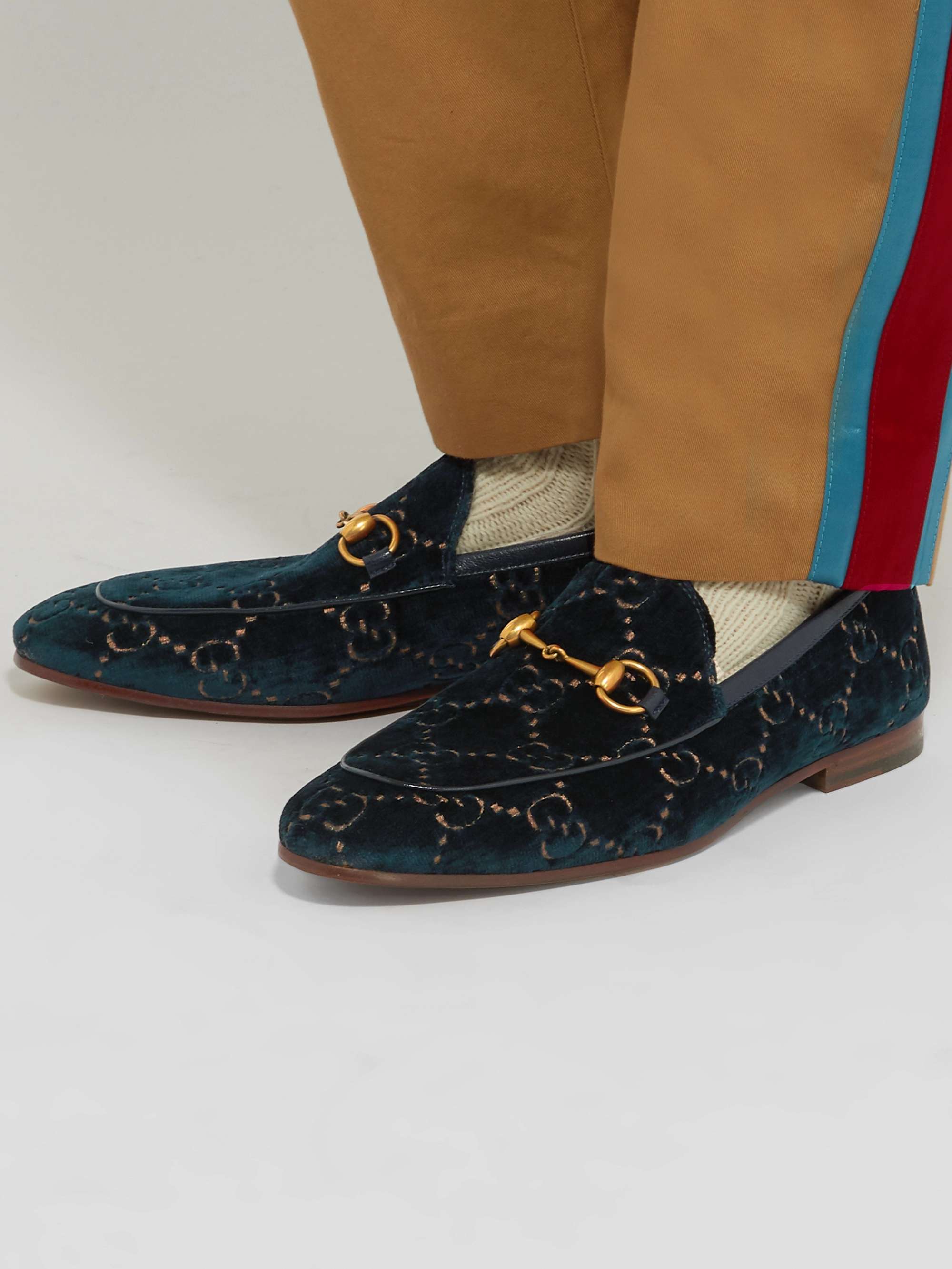 GUCCI Jordaan Horsebit Leather-Trimmed Logo-Embroidered Velvet Loafers
