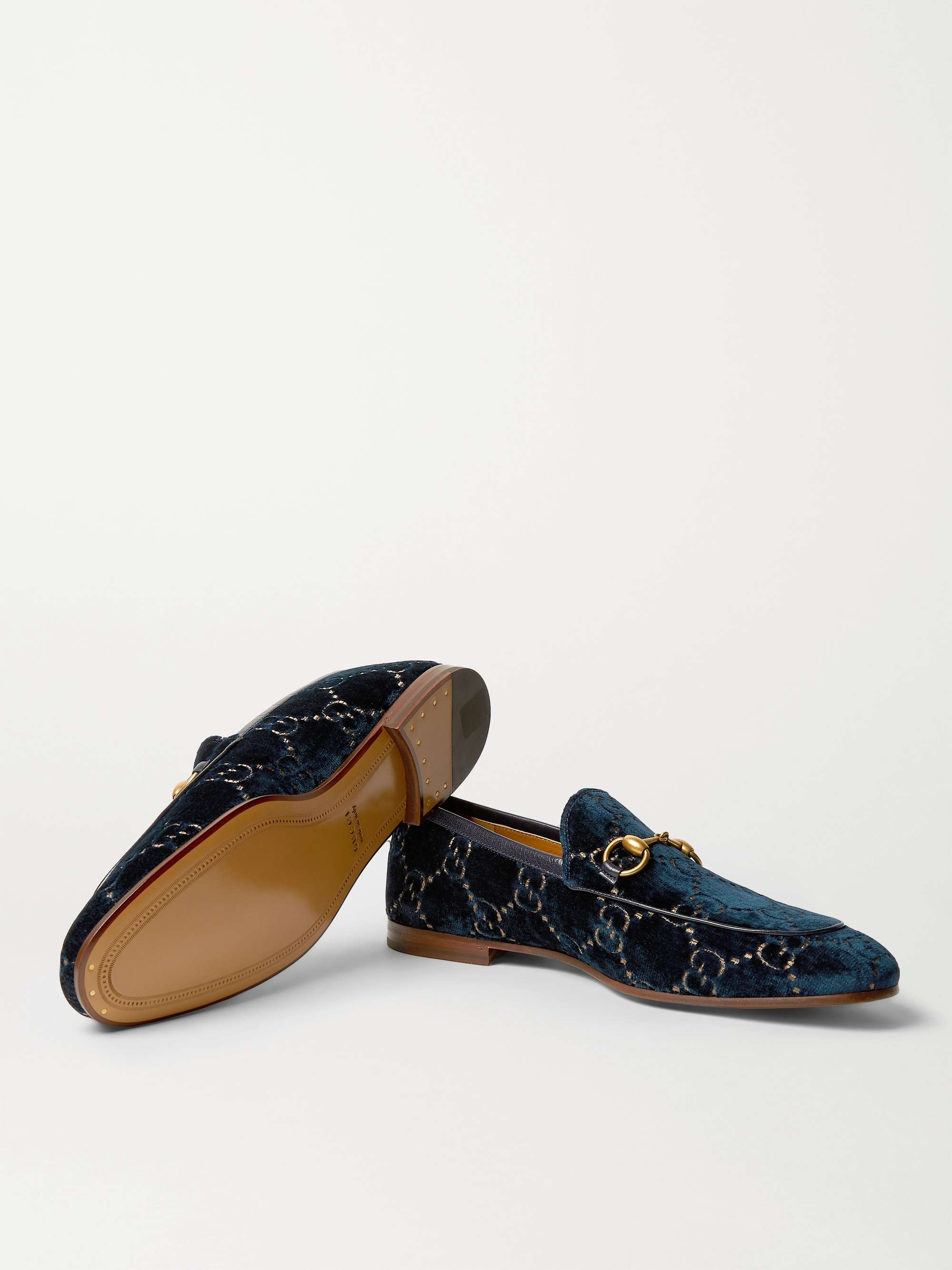 GUCCI Jordaan Horsebit Leather-Trimmed Logo-Embroidered Velvet Loafers