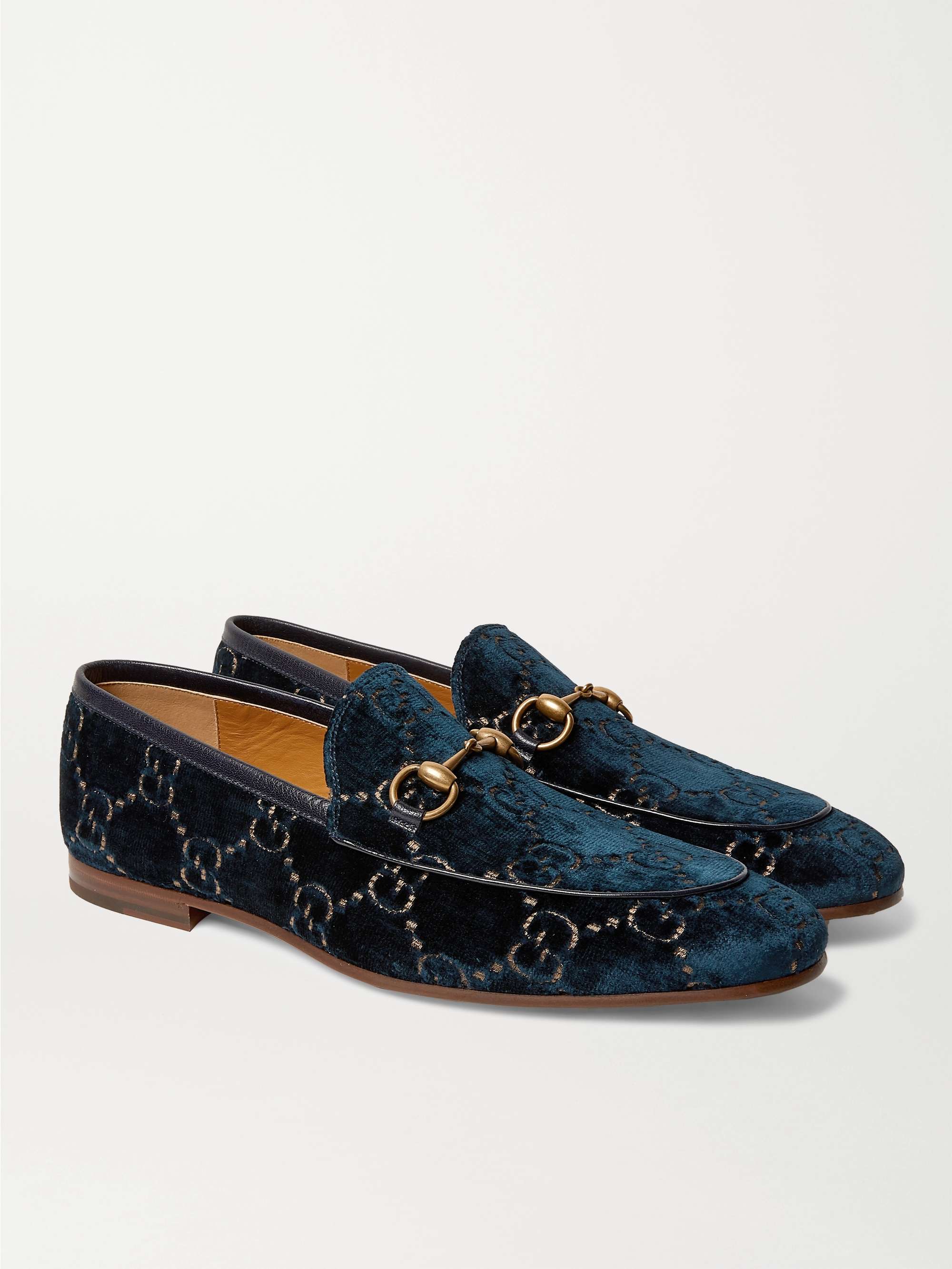 GUCCI Jordaan Horsebit Leather-Trimmed Logo-Embroidered Velvet Loafers