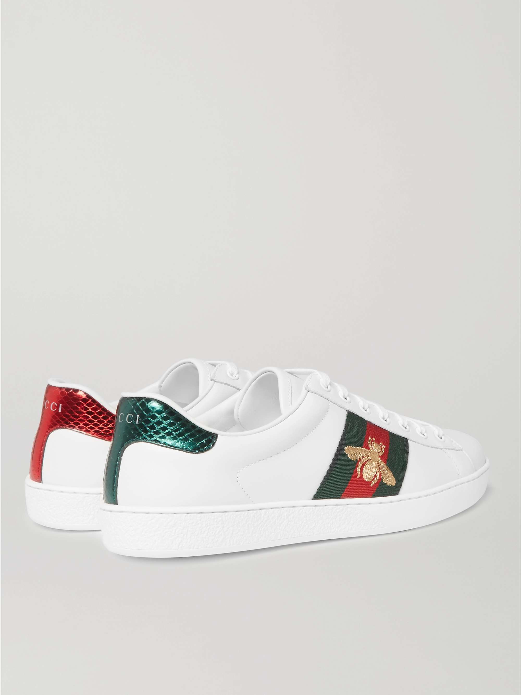 GUCCI Ace Faux Watersnake-Trimmed Embroidered Leather Sneakers
