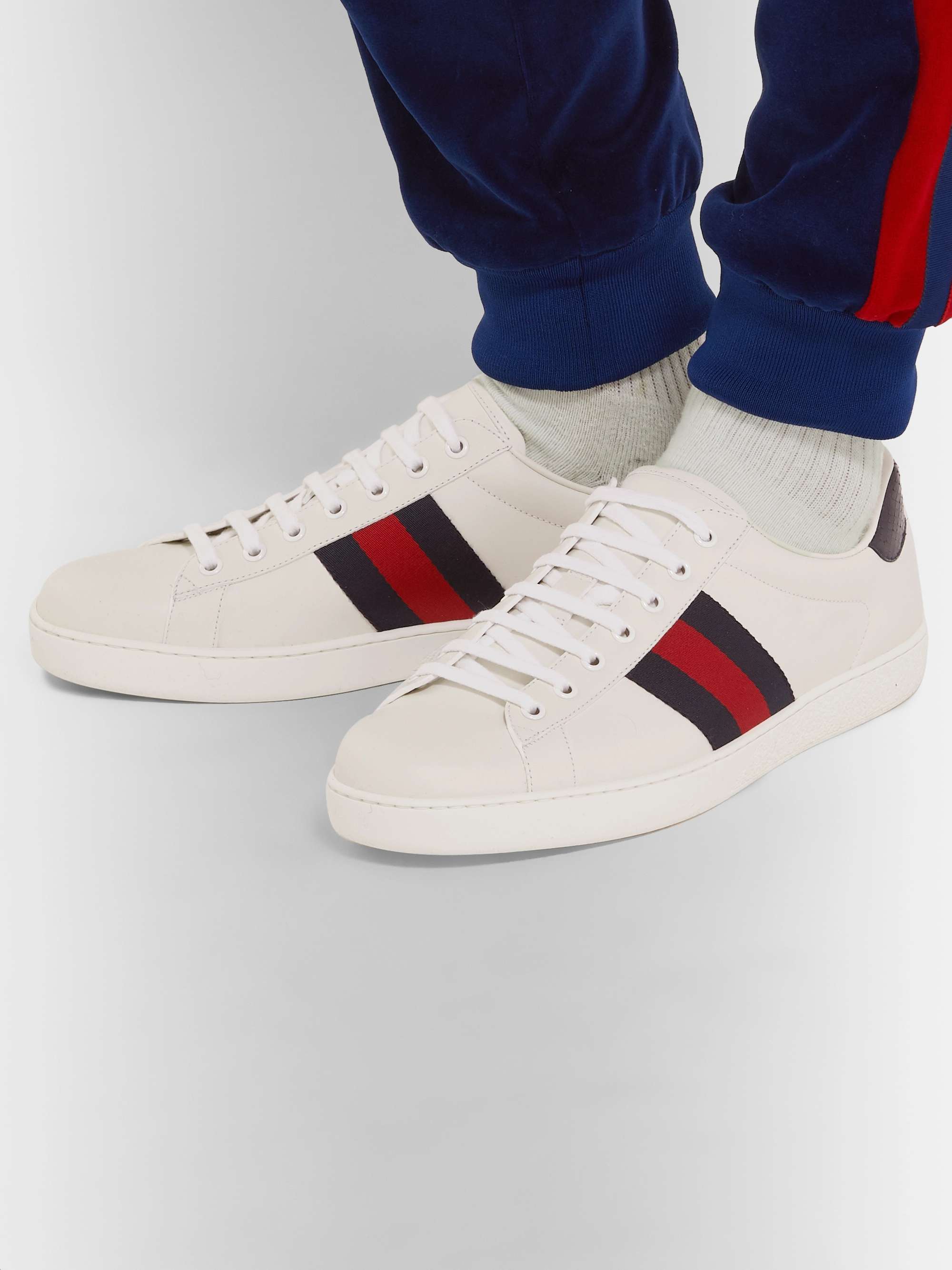 Ace Faux Watersnake-Trimmed Leather Sneakers
