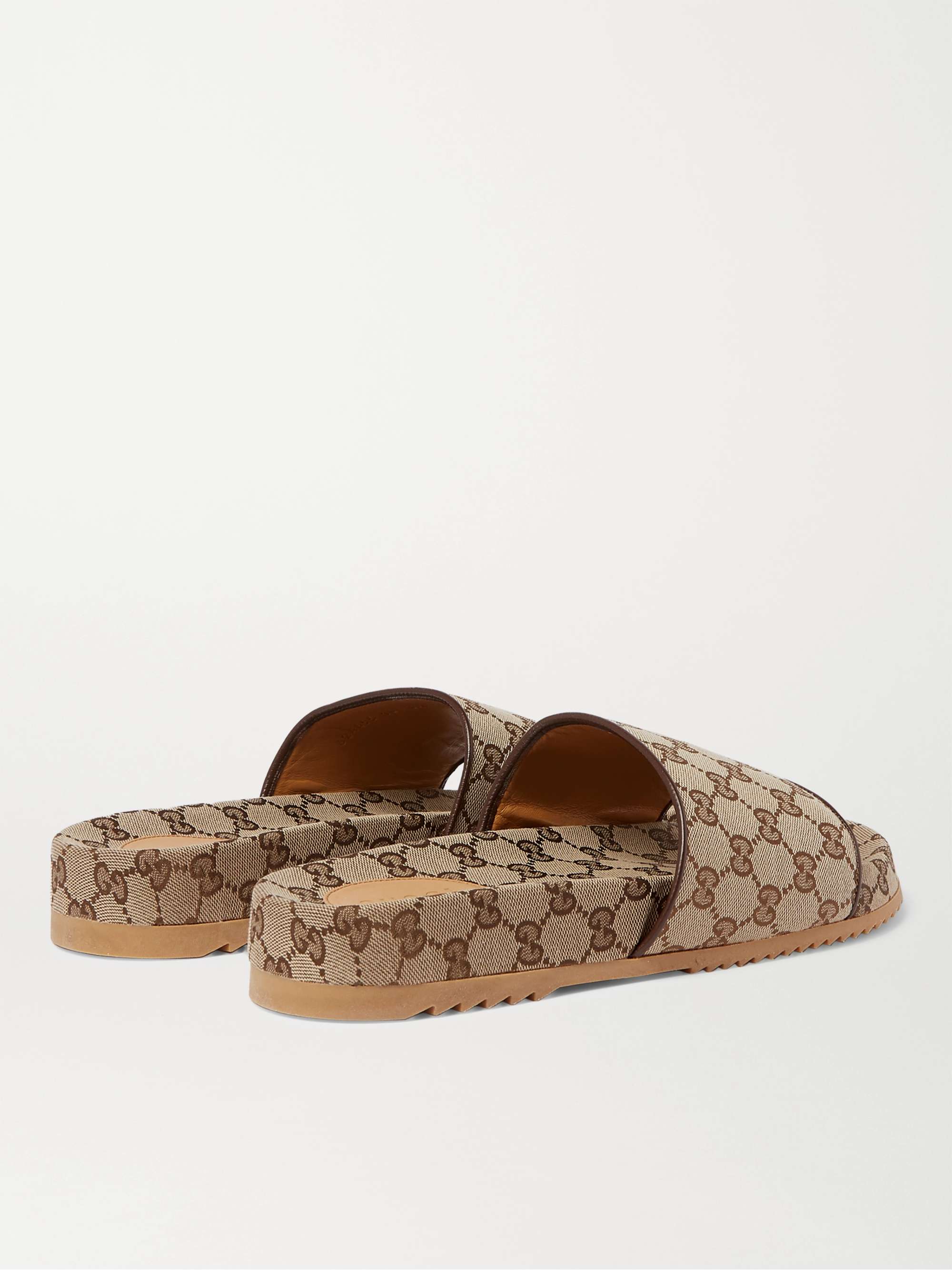 GUCCI Leather-Trimmed Monogrammed Canvas Slides
