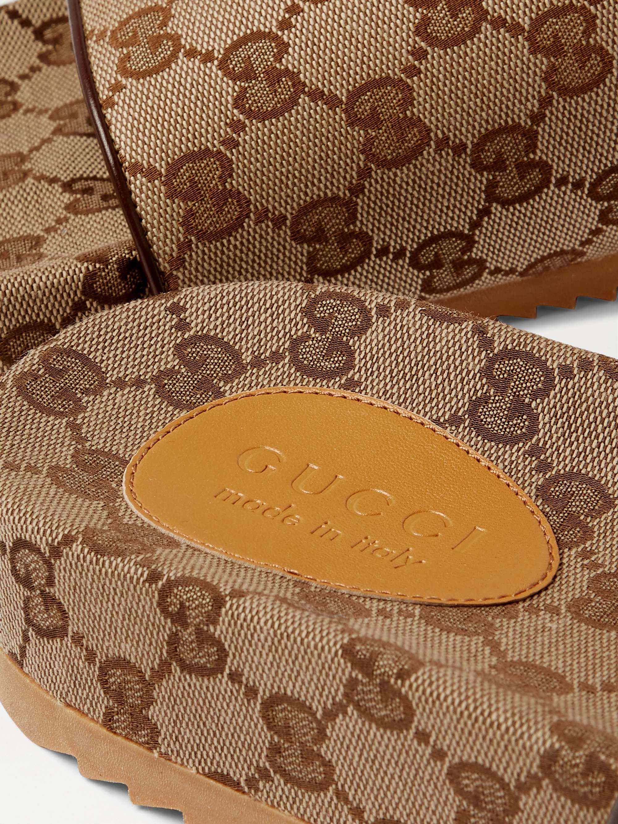 GUCCI Leather-Trimmed Monogrammed Canvas Slides