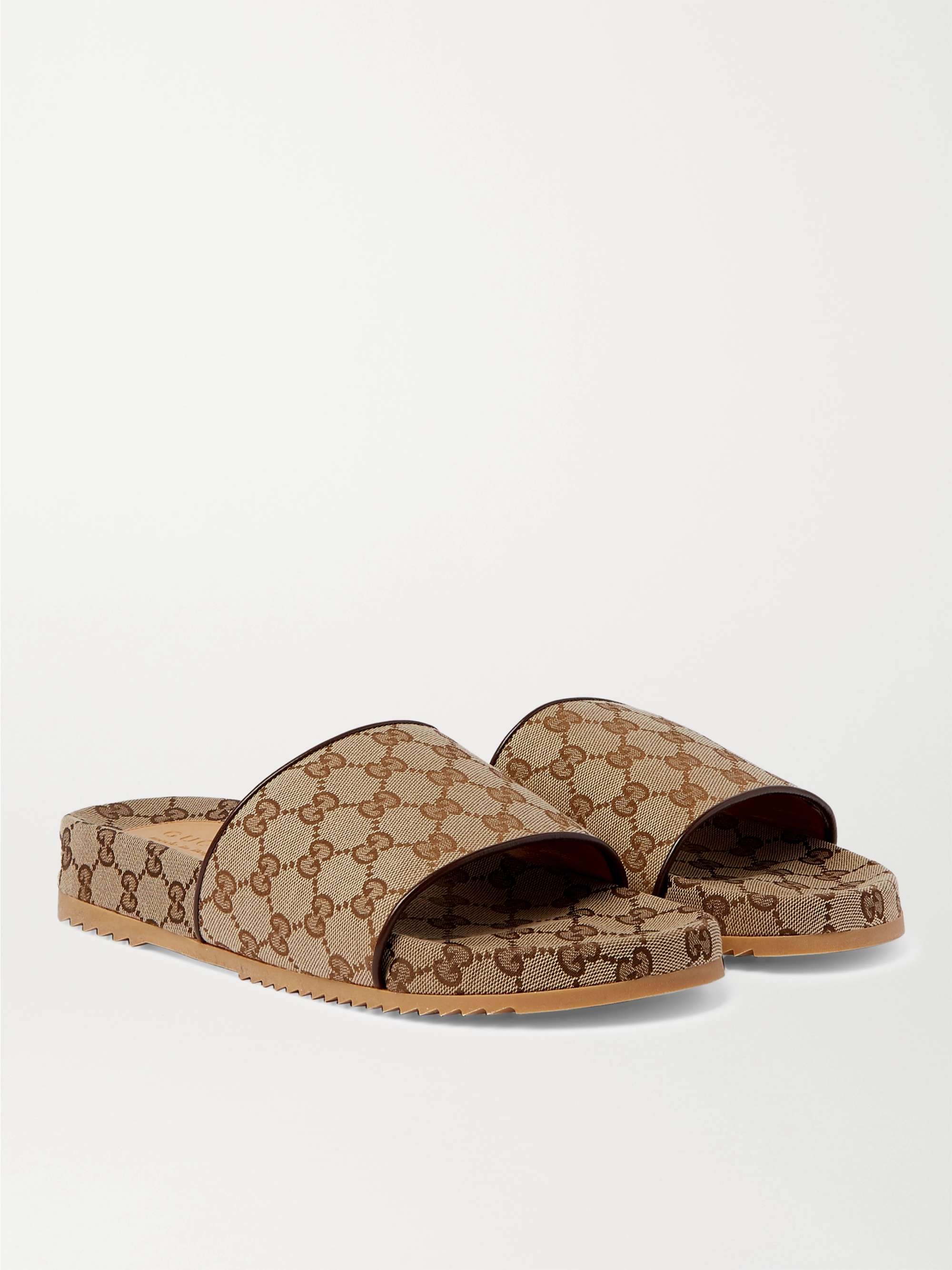 GUCCI Leather-Trimmed Monogrammed Canvas Slides