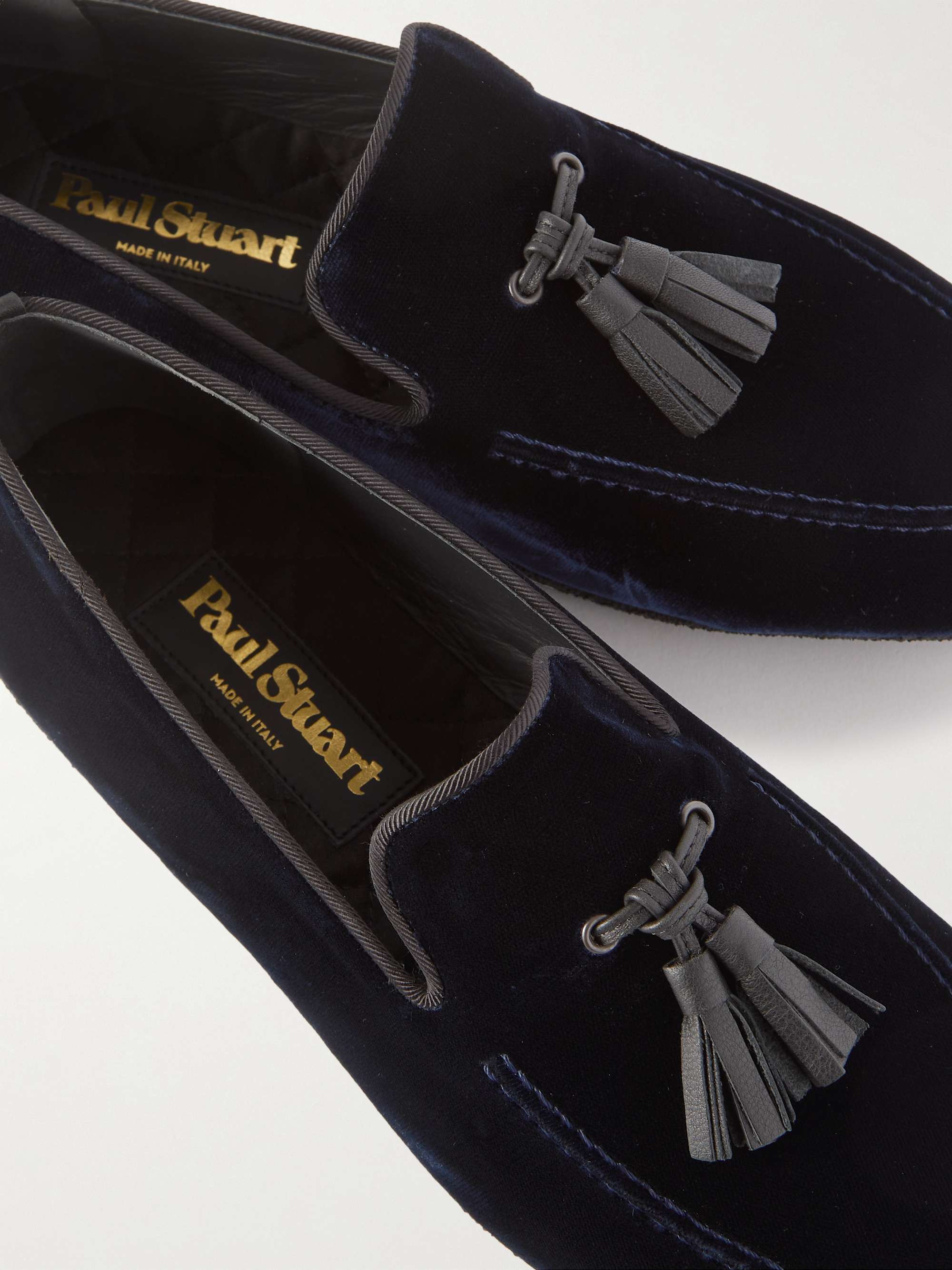 PAUL STUART Hope Leather and Grosgrain-Trimmed Velvet Tasselled Slippers