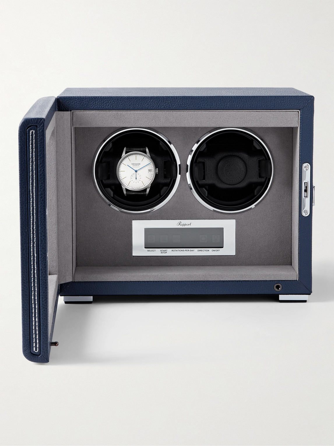 Shop Rapport London Quantum Duo Leather-wrapped Cedar And Glass Watch Winder In Blue