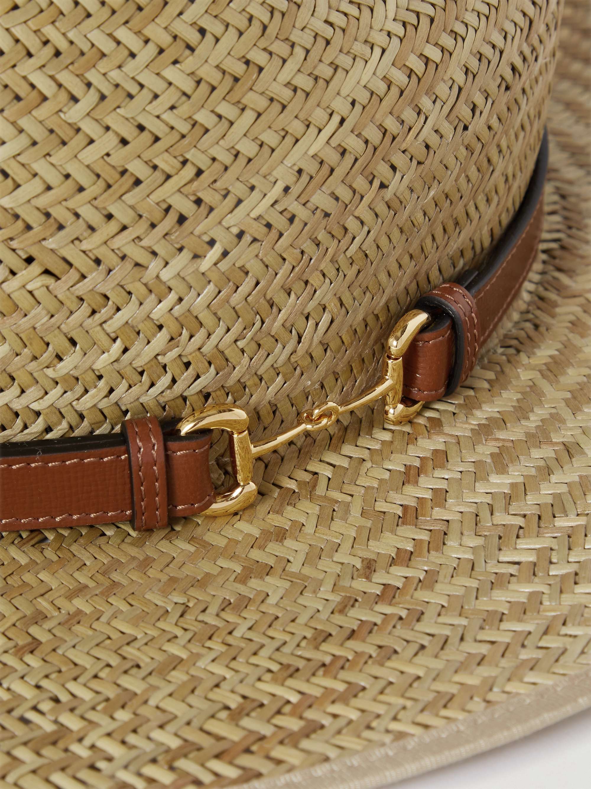 GUCCI Little Mors Horsebit Leather-Trimmed Straw Fedora