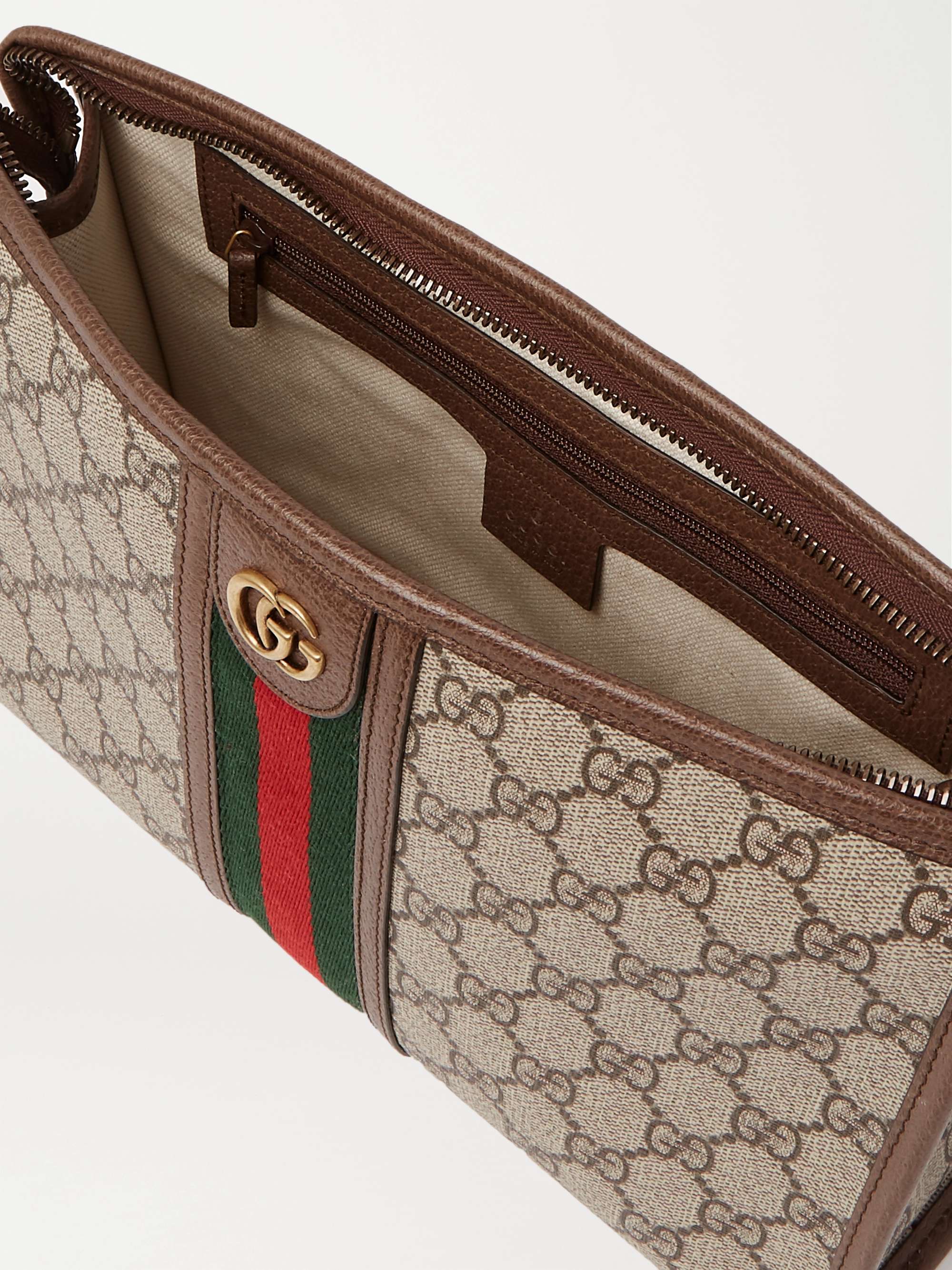 GUCCI Ophidia Leather and Webbing-Trimmed Logo-Jacquard Coated-Canvas Wash Bag