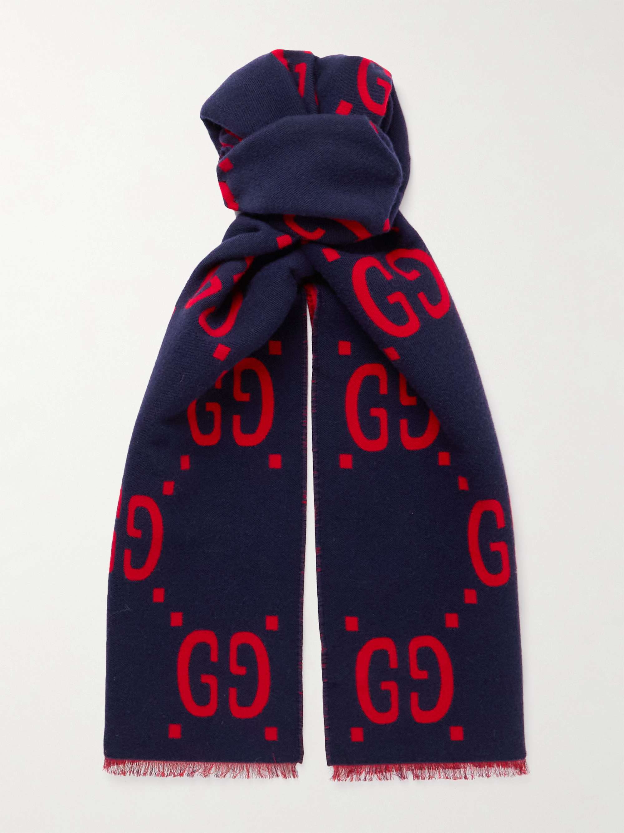 GUCCI Logo-Jacquard Wool and Silk-Blend Scarf,Storm blue