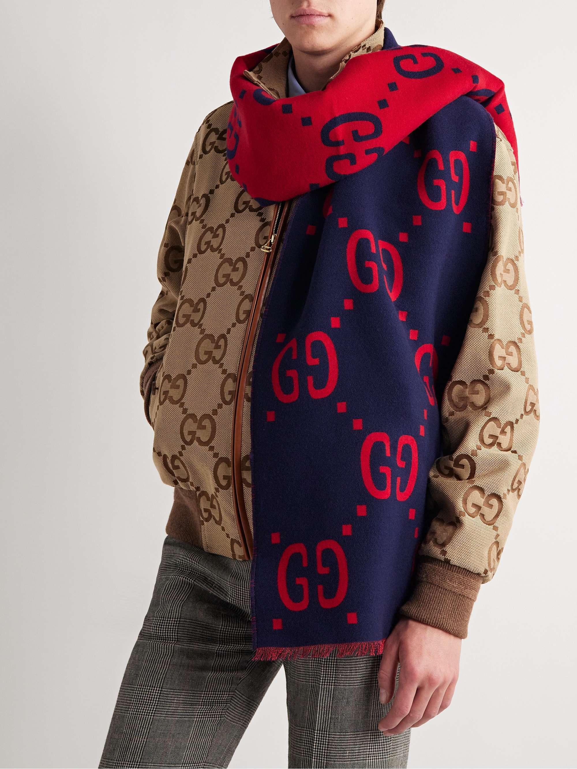 GUCCI Fringed Logo-Jacquard Wool and Silk-Blend Scarf for Men