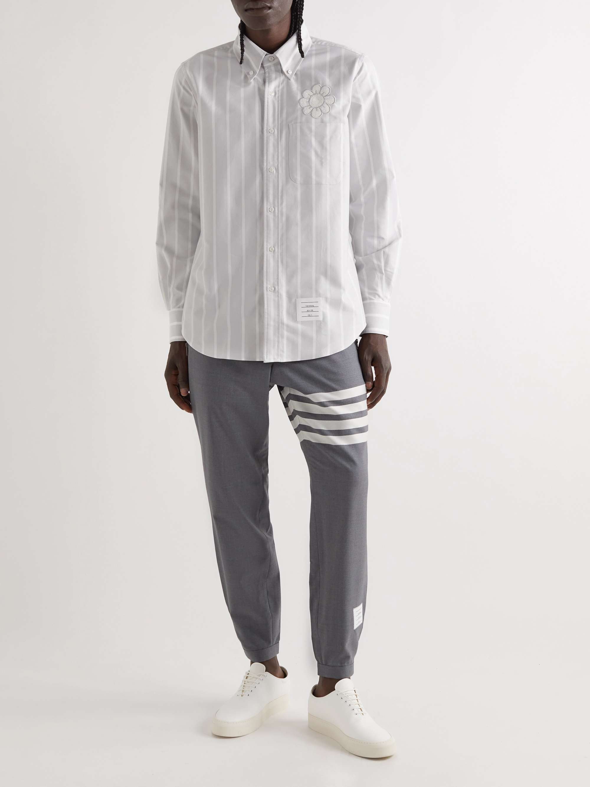 THOM BROWNE Striped Embroidered Cotton Oxford Shirt