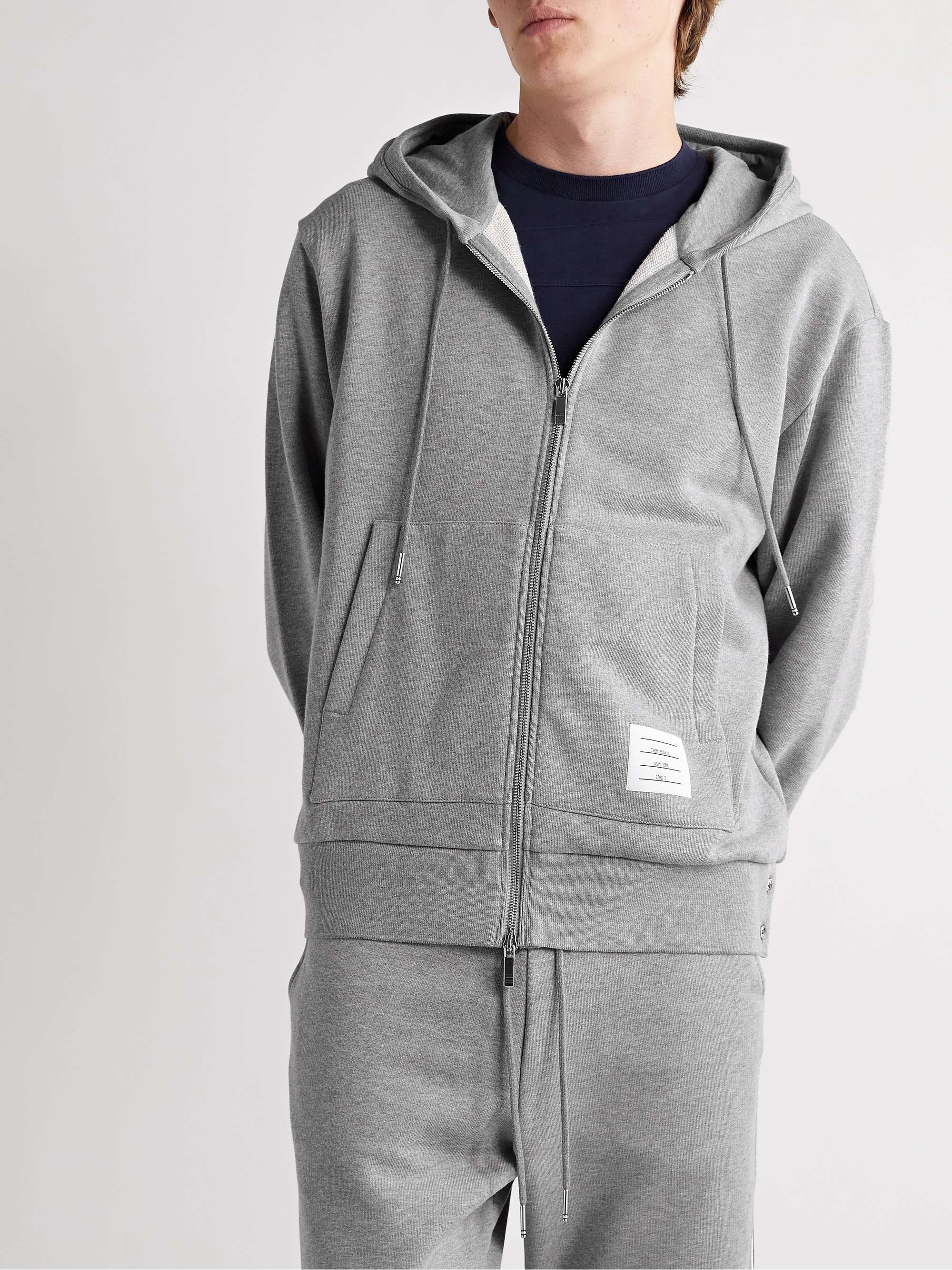 THOM BROWNE Grosgrain-Trimmed Loopback Cotton-Jersey Zip-Up Hoodie