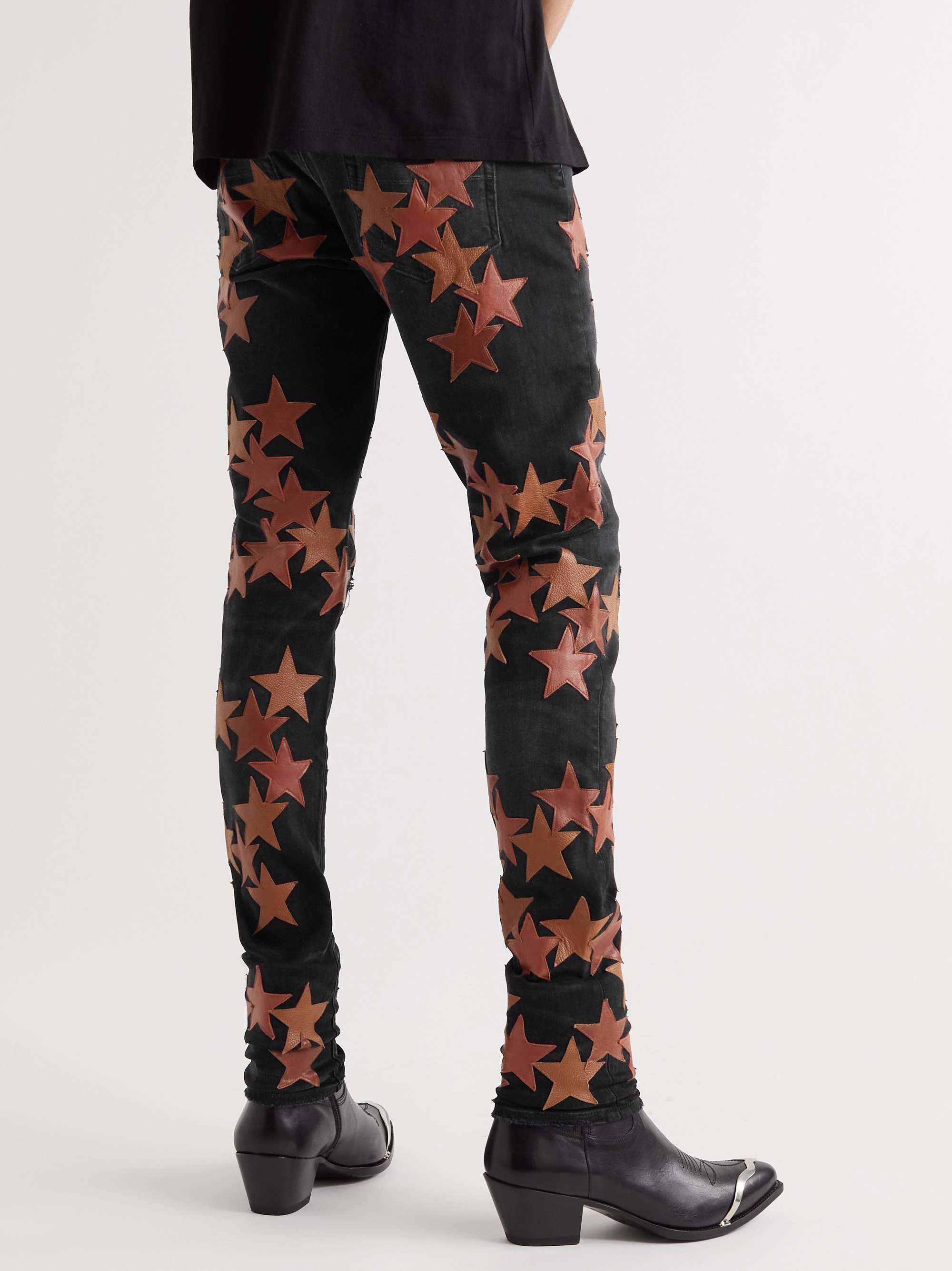 AMIRI + Chemist Skinny-Fit Leather-Appliquéd Distressed Jeans