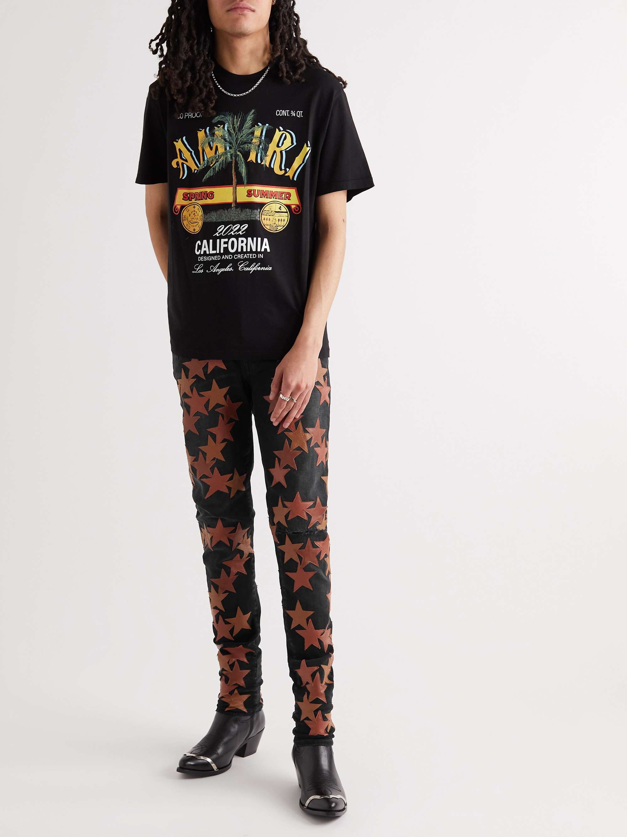 AMIRI + Chemist Skinny-Fit Leather-Appliquéd Distressed Jeans