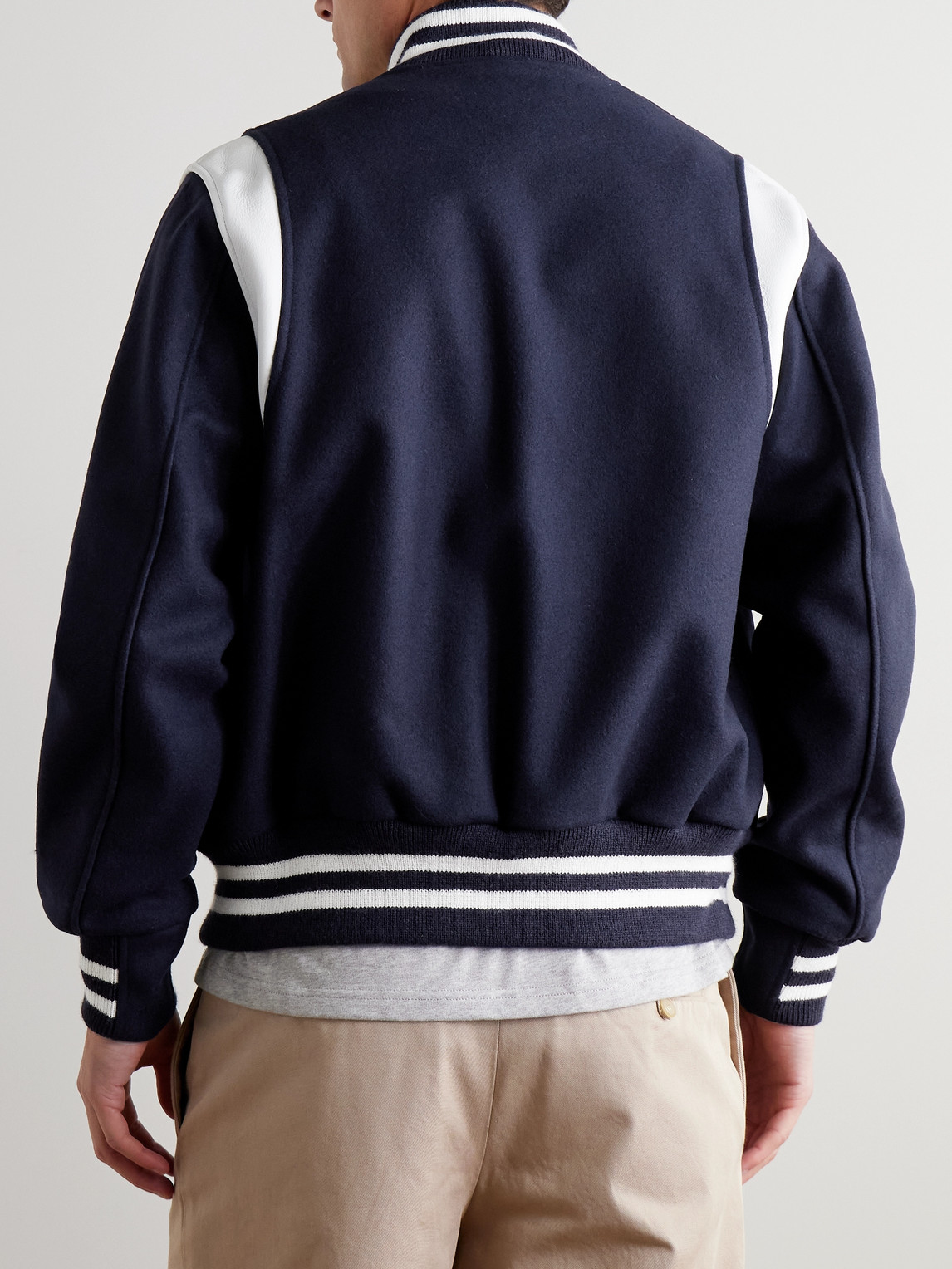 Shop Golden Bear The Hayes Leather-panelled Wool-blend Bomber Jacket In Blue