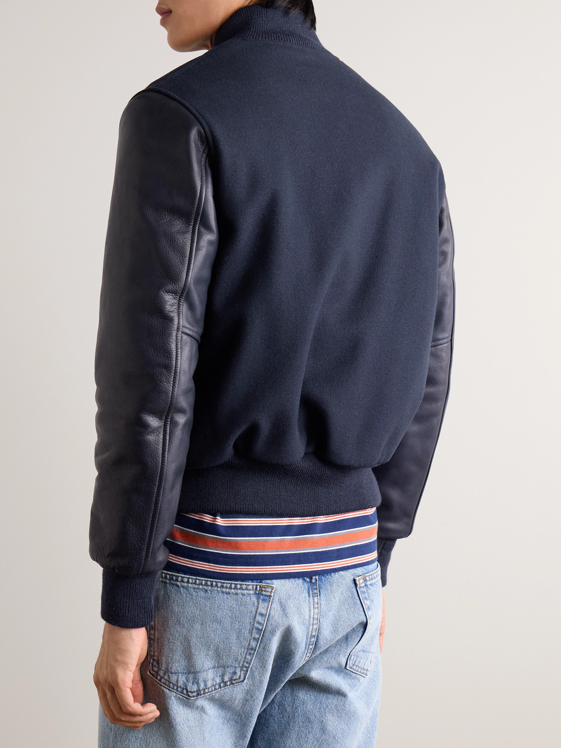 Shop Golden Bear The Albany Wool-blend And Leather Bomber Jacket In Blue