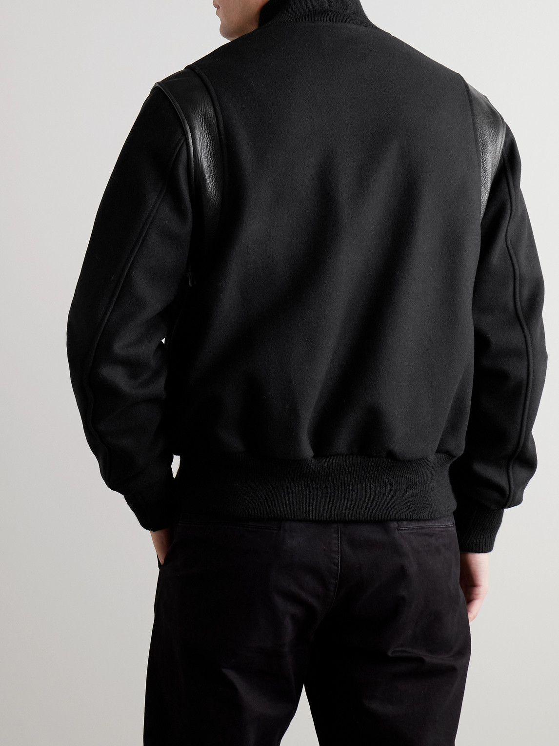 Shop Golden Bear Hayes Leather-panelled Melton Virgin Wool-blend Bomber Jacket In Black