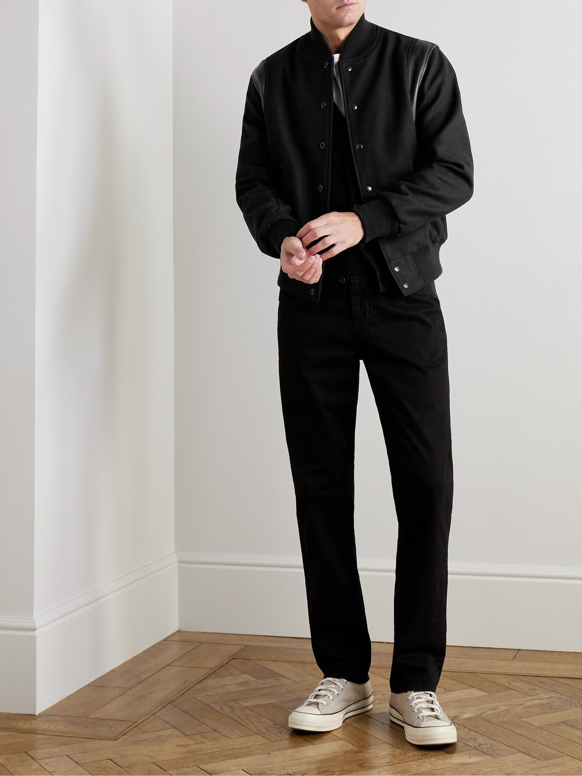 GOLDEN BEAR HAYES LEATHER-PANELLED MELTON VIRGIN WOOL-BLEND VARSITY JACKET