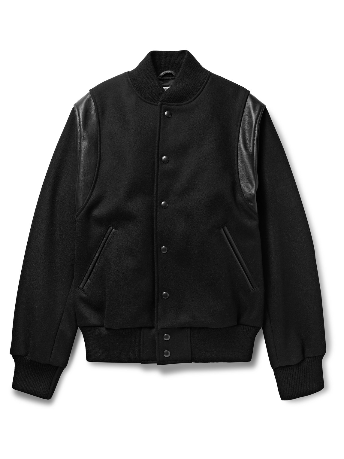 Hayes Leather-Panelled Melton Virgin Wool-Blend Bomber Jacket