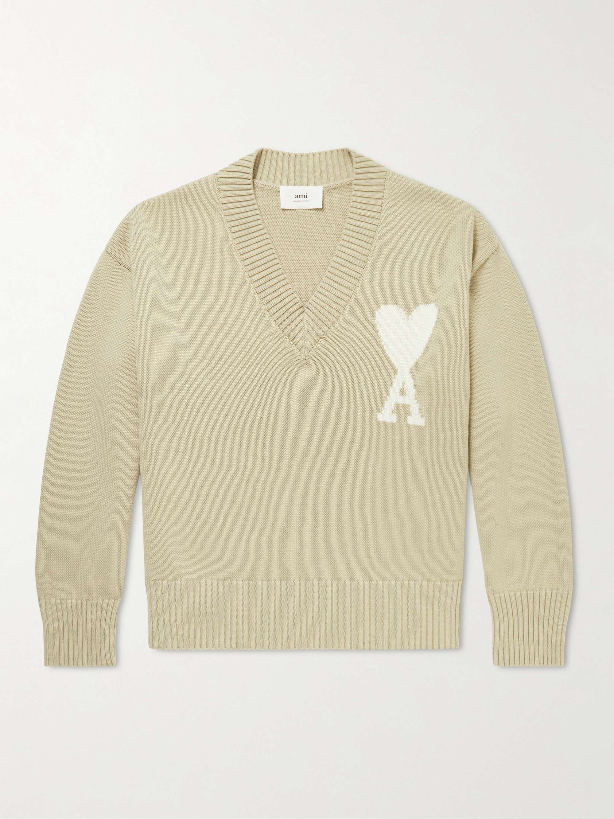 AMI PARIS Logo-Intarsia Organic Cotton and Wool-Blend Sweater