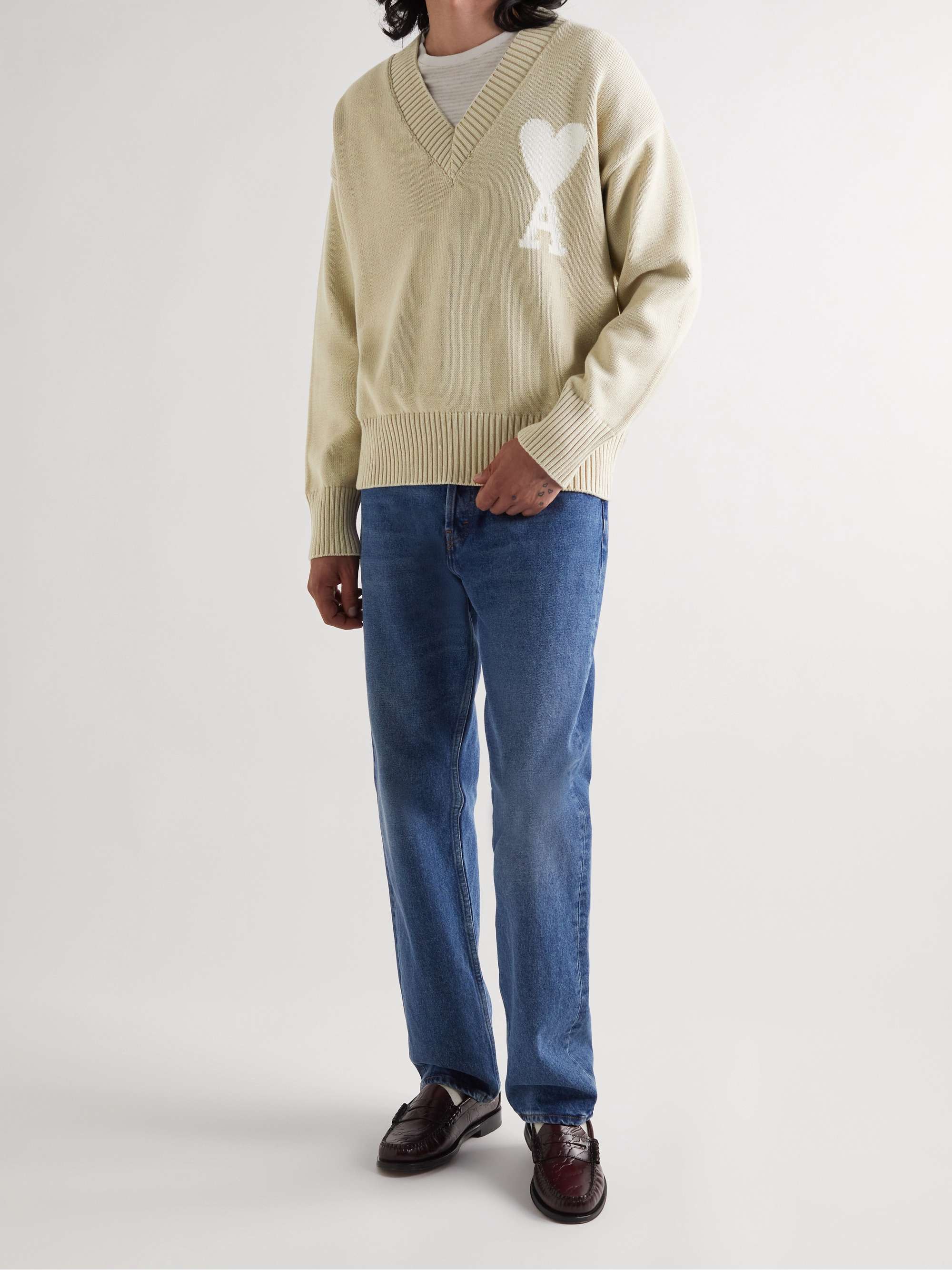 AMI PARIS Logo-Intarsia Organic Cotton and Wool-Blend Sweater